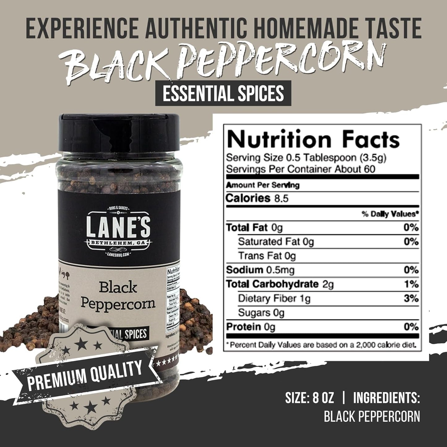 Lane'S Whole Black Peppercorns, All-Natural Black Peppercorns For Grinder Refill, Pepper Corn Whole Spice, Made In Usa, 8 Oz