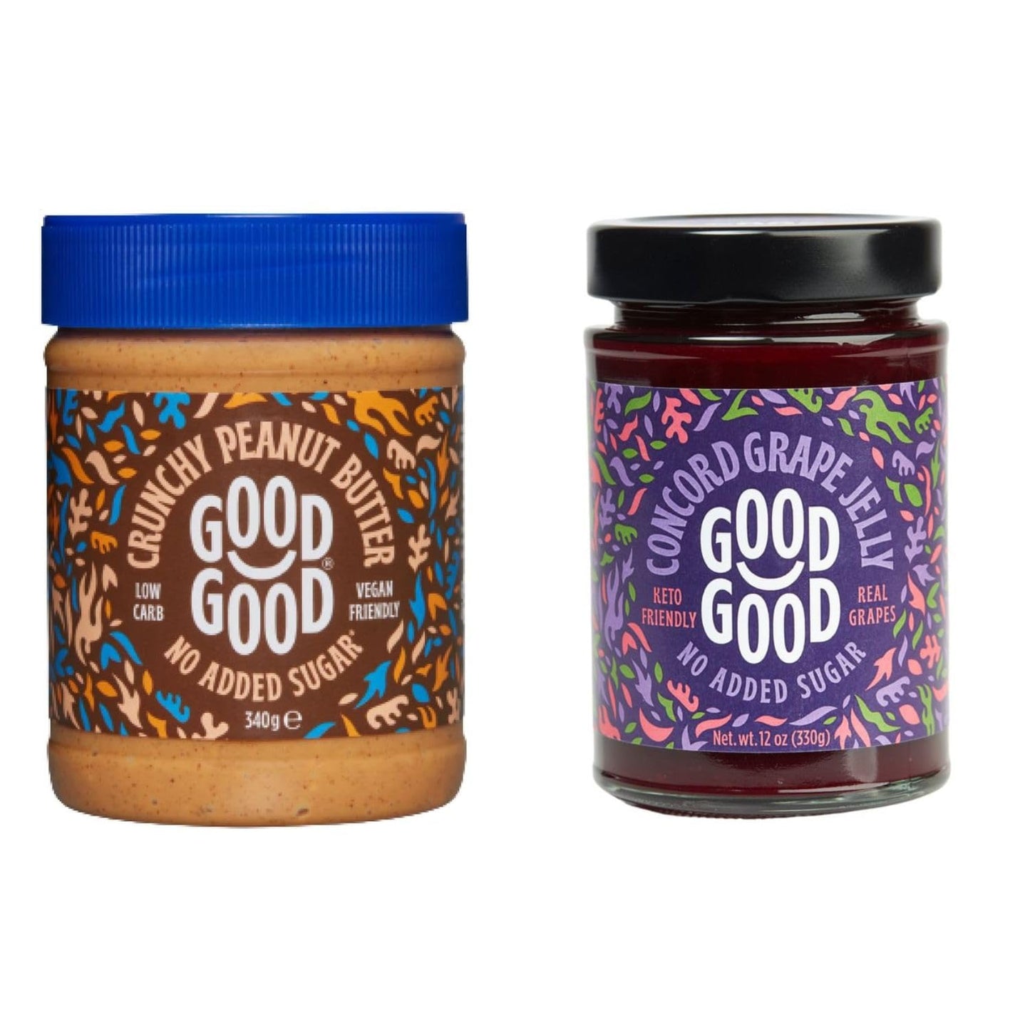 Good Good Sweet Concord Grape Jelly & Crunchy Peanut Butter - Keto Friendly - Low Carb & No Added Sugars - Vegan - Gluten Free - Preserves