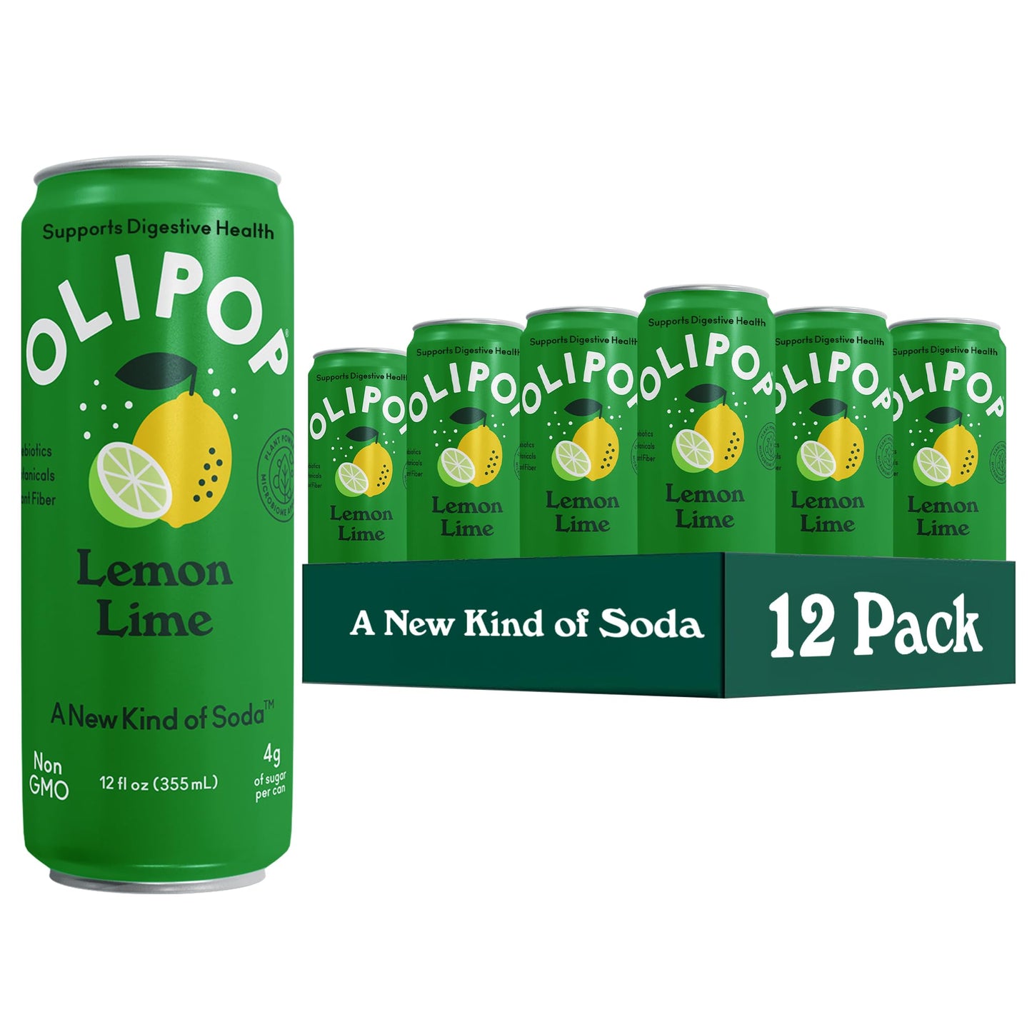 OLIPOP Prebiotic Soda Pop  Lemon Lime  Pantry Pack Packed with Prebiotics  Fiber  and Botanicals  Gluten Free  Vegan  GMO Free  12oz Skinny (12-Cans)