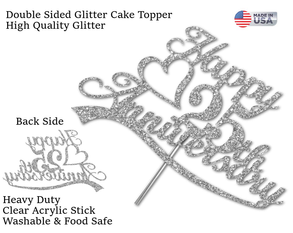 25Th Anniversary Cake Topper Silver Glitter, 25 Wedding Anniversary Party Decoration Ideas, Premium Quality, Sturdy Doubled Side