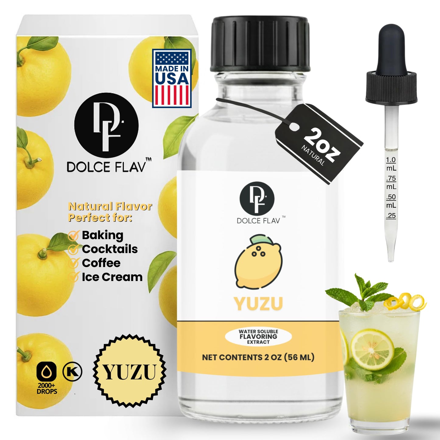 Dolce Flav Natural Yuzu Flavoring - Bright  Citrusy Japanese Lemon-Grapefruit Taste | 2 Oz Extract For Baking  Beverages & Desserts | Graduated Dropper Included | Water-Soluble & Kosher | Made In Usa