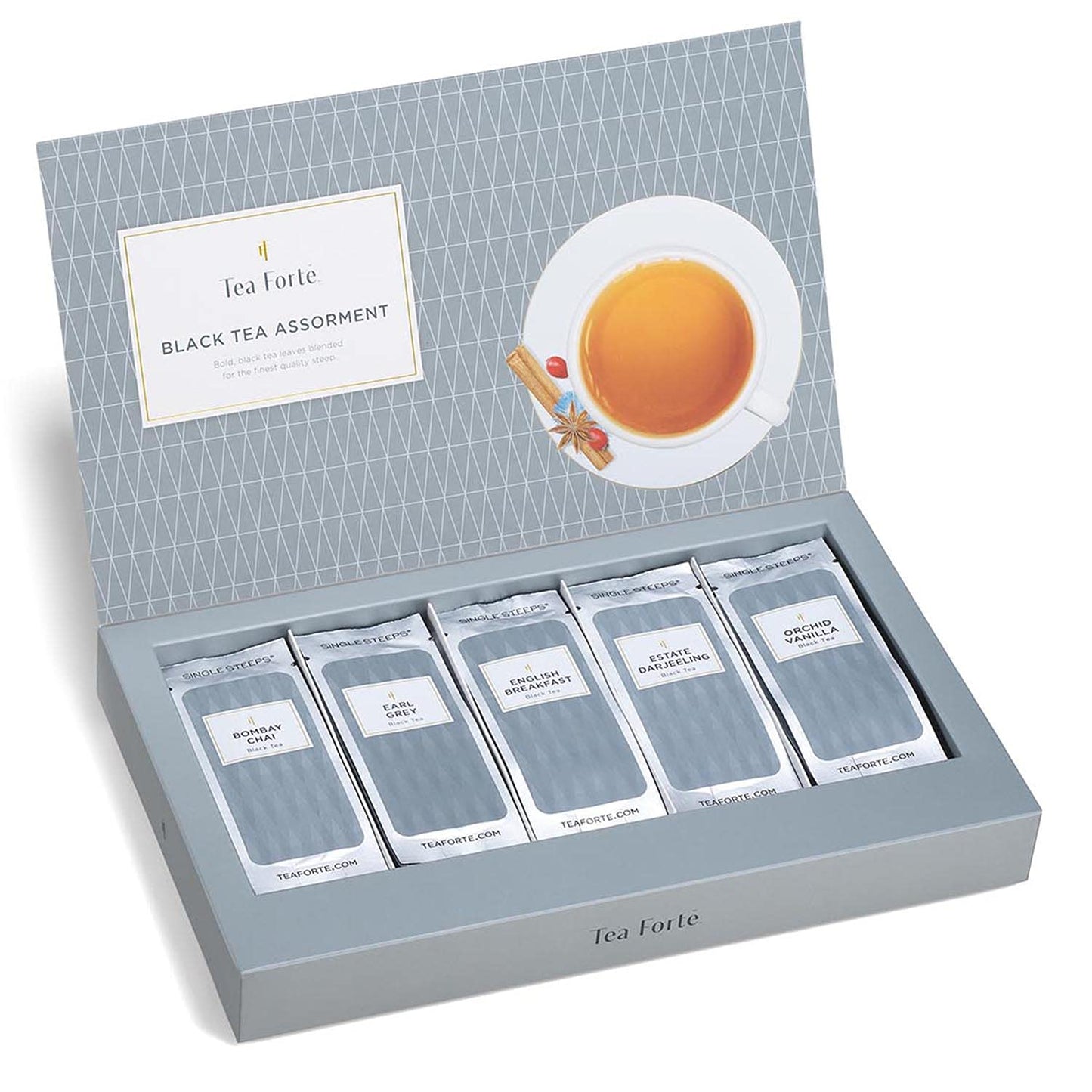 Tea Forte Black Tea Assortment Single Steeps Loose Leaf Enhanced Tea Gift Set Sampler, 15 Count 3 Of Each Assorted Blends, Pre-Portioned Single Serve Pouches, Steeps 12 Oz