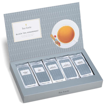 Tea Forte Black Tea Assortment Single Steeps Loose Leaf Enhanced Tea Gift Set Sampler, 15 Count 3 Of Each Assorted Blends, Pre-Portioned Single Serve Pouches, Steeps 12 Oz