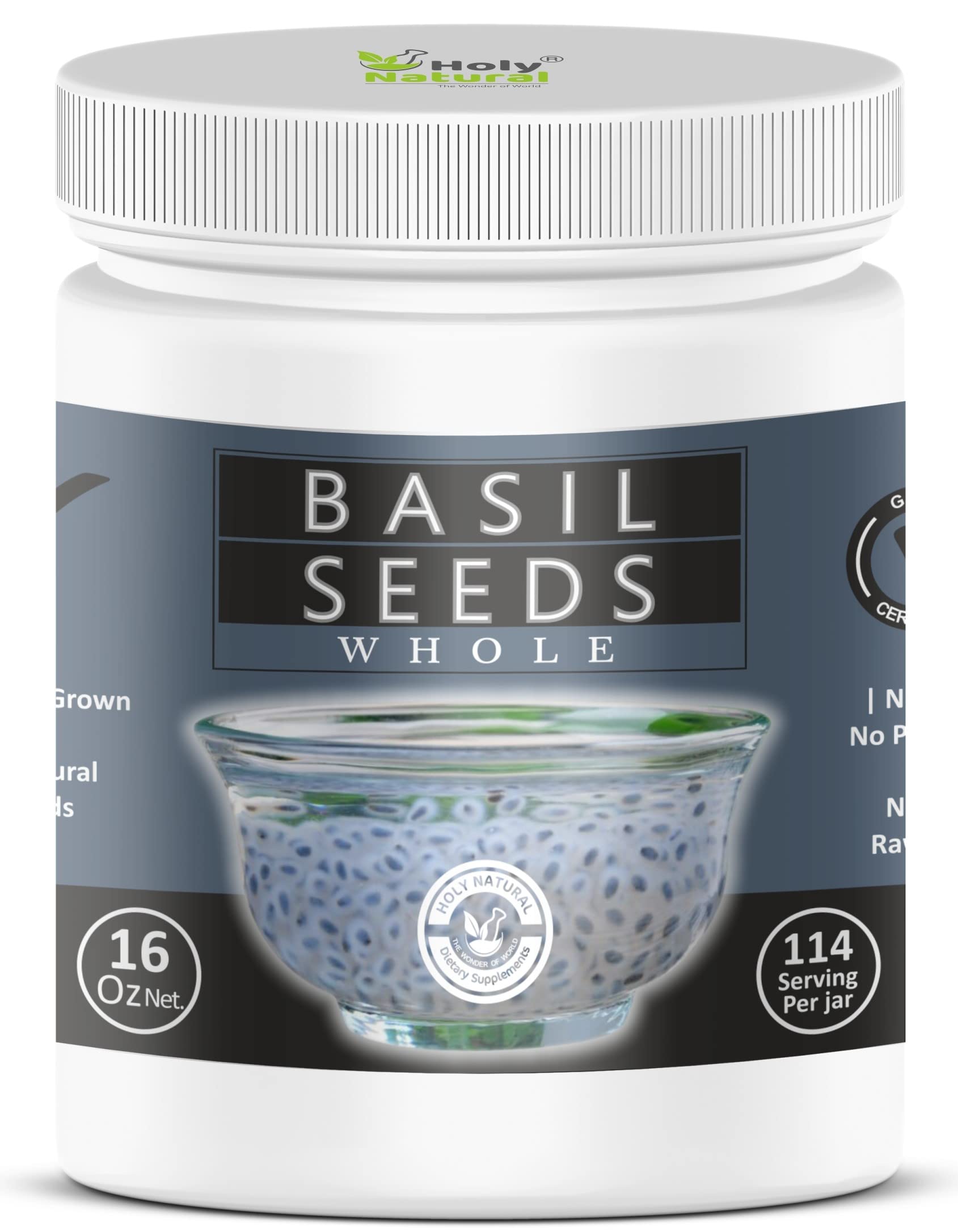 Holy Natural Basil Seeds - Edible Sabja/Falooda Seeds, 16 Oz, Rich in Fiber, Natural Body Coolant