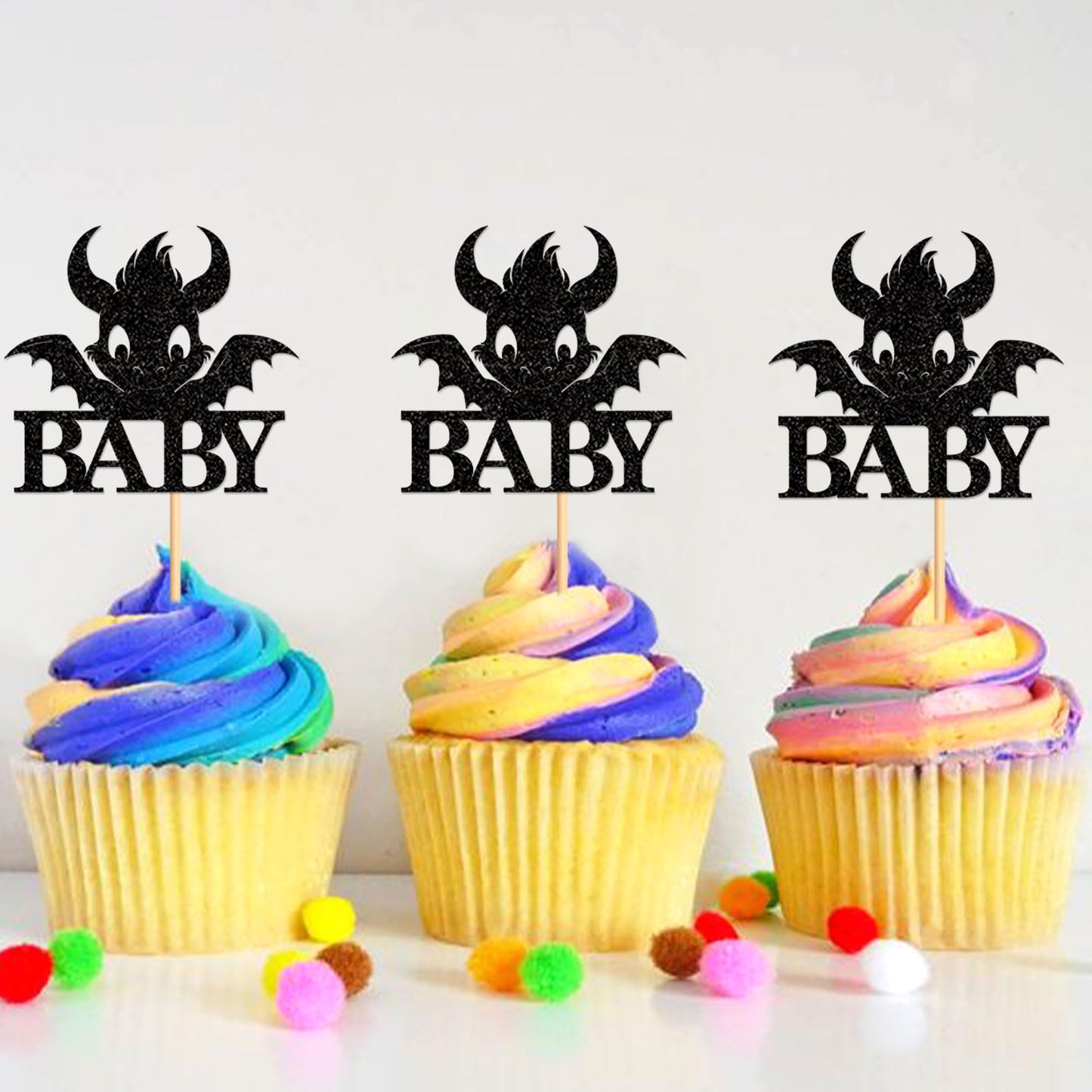 Ercadio 24 Pack Dragon Baby Cupcake Toppers Black Glitter Dragon Baby Cupcake Picks Cute Dinosaur Cupcake Topper Dragon Cupcake