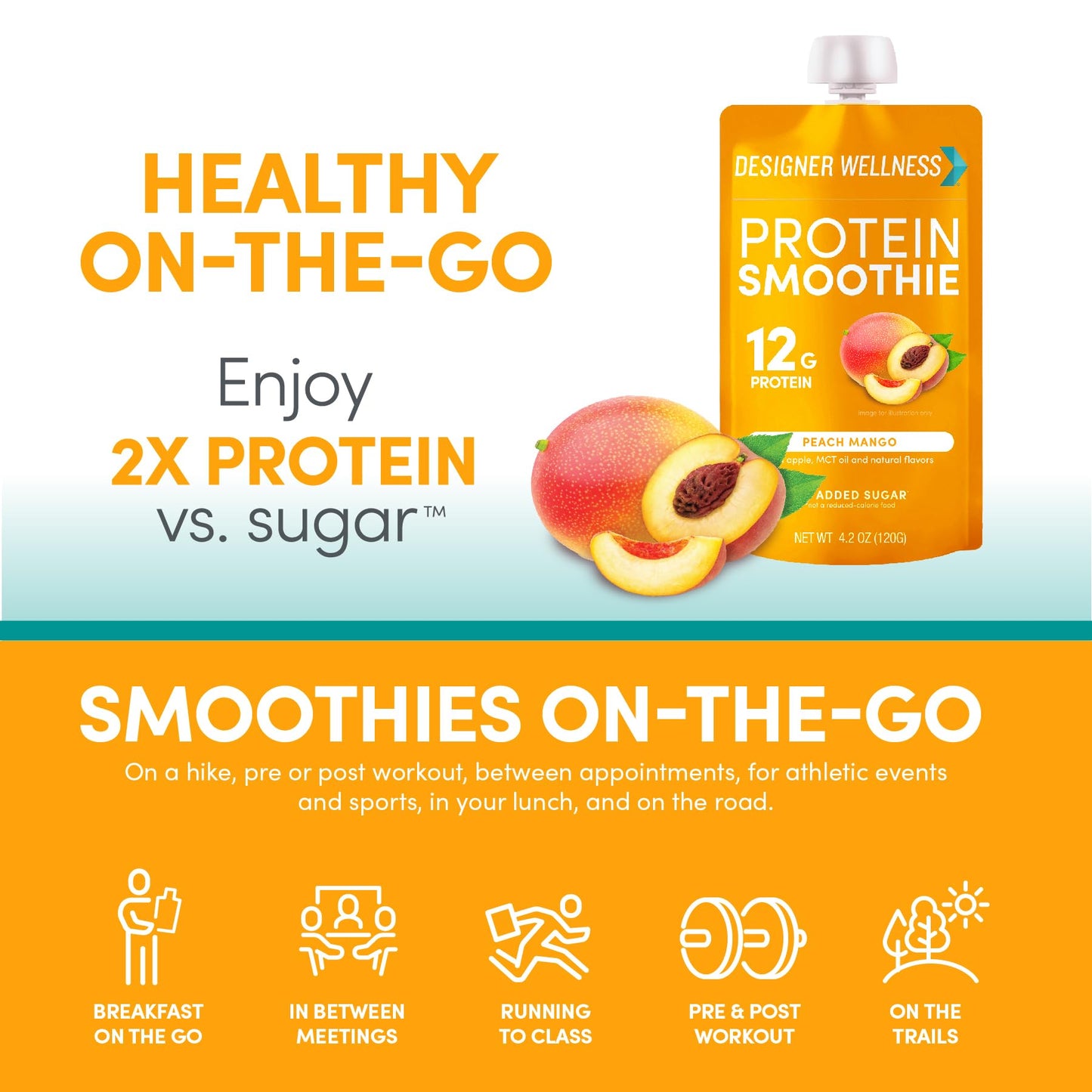 Designer Wellness Protein Smoothie, Peach Mango, 12g Protein, Low Carb, Gluten-Free, 4.2 Fl Oz (Pack of 24)