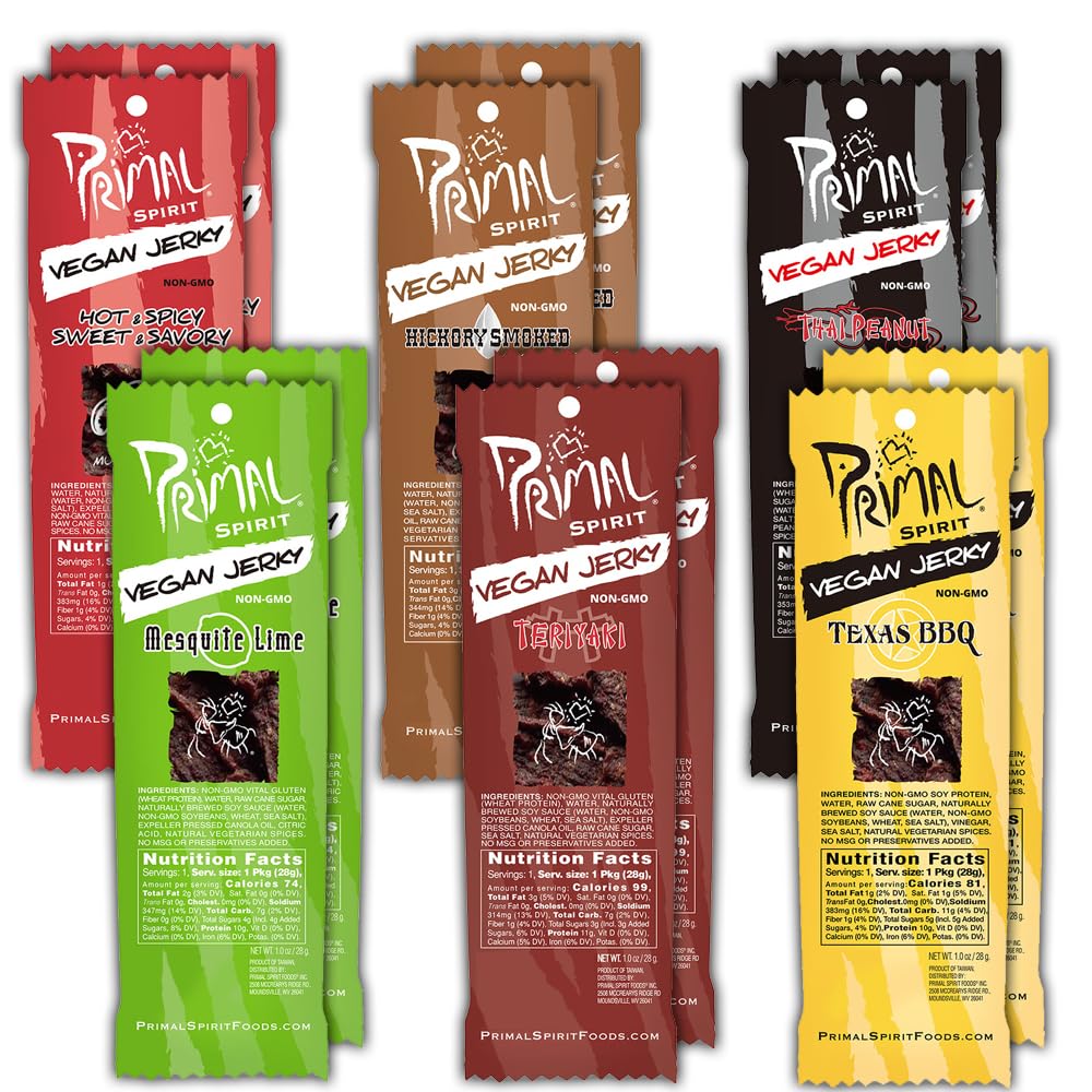 Primal Spirit Vegan Jerky Sampler Pack, Plant Based Protein, 10g, 12-Pack, 1 Ounce each, Non-GMO