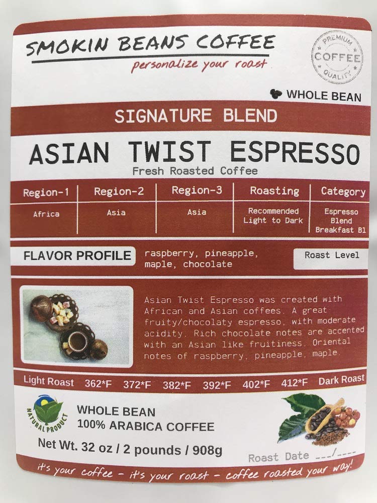 Smokin Beans Espresso Coffee, Asian Twist, Medium Roast, Whole Bean, 2-Pound (16 Ounce Pack of 2)