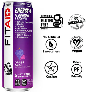 LIFEAID FITAID Energy Drink, G  AÇAI, 200mg Caffeine, Keto, 12 Fl Oz, Pack of 12, Vegan & Gluten-Free