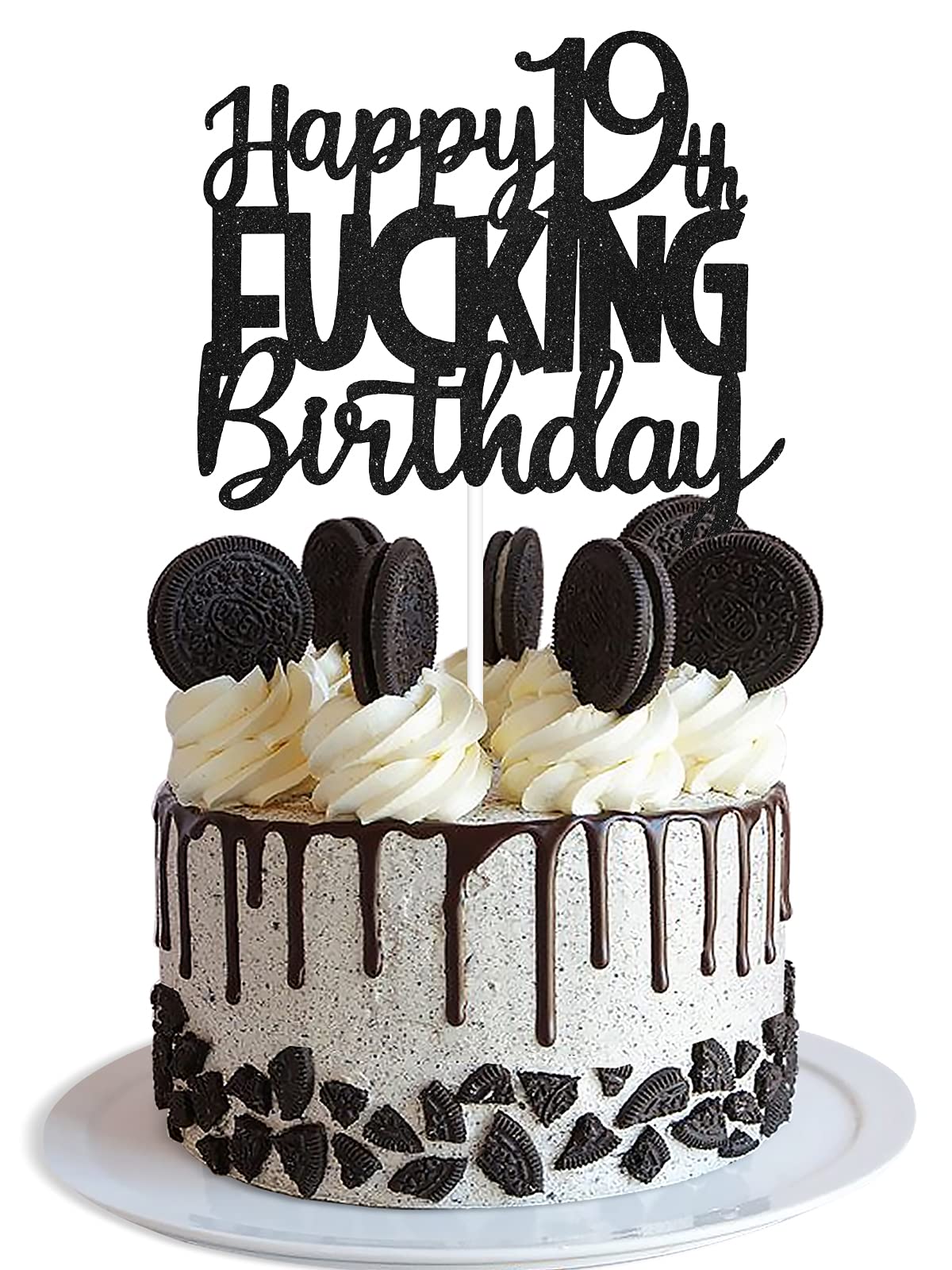Happy 19Th Fuxking Birthday Cake Topper - Funny Black Glitter Adult 19Th Birthday Cake Supplies - Hello 19 Birthday Cake Decorat
