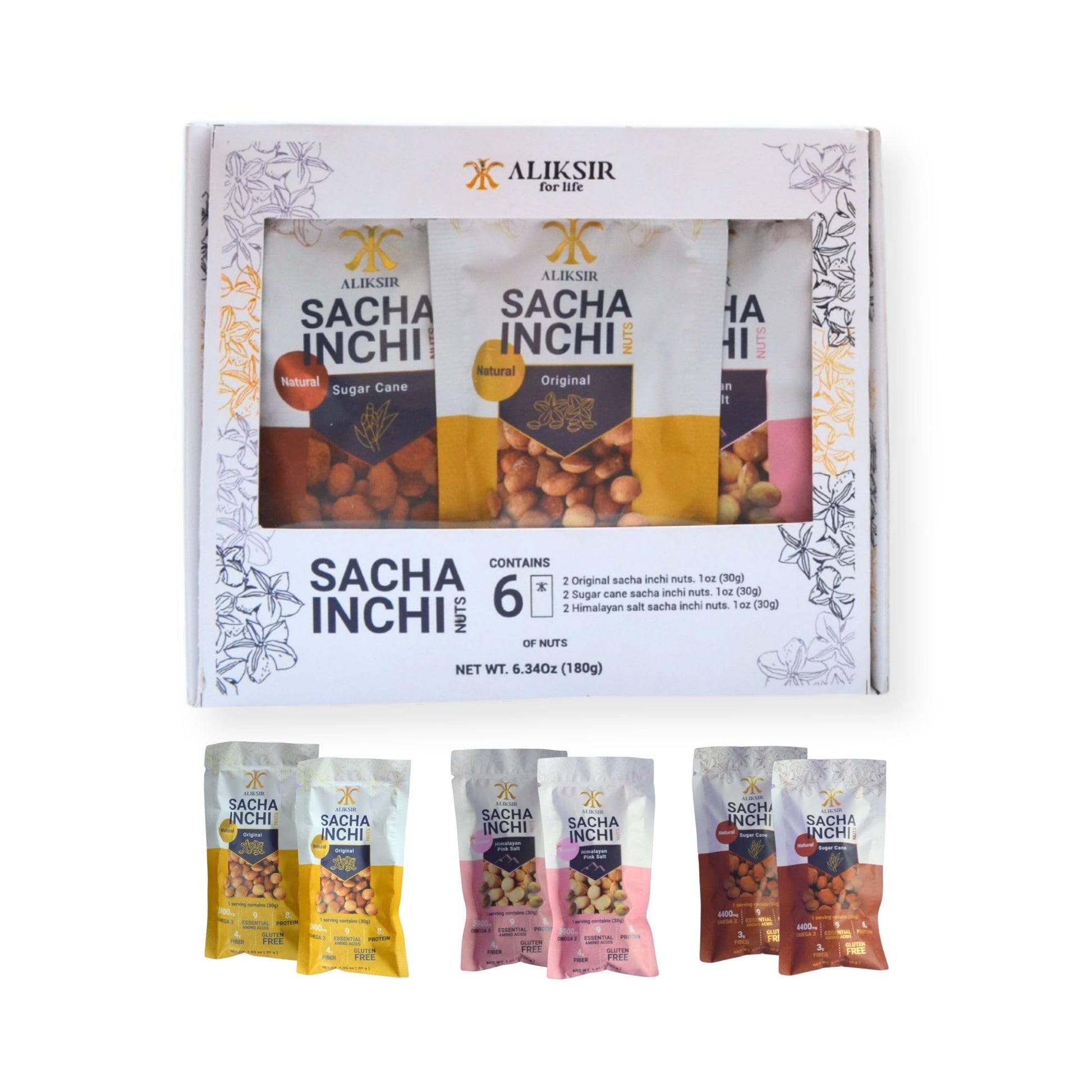 Sacha Inchi Nuts Variety Pack - 6 Snack Packs (30g Each) | High Protein, Omega-3 Superfood, Gluten-Free, 9 Essential Amino Acids