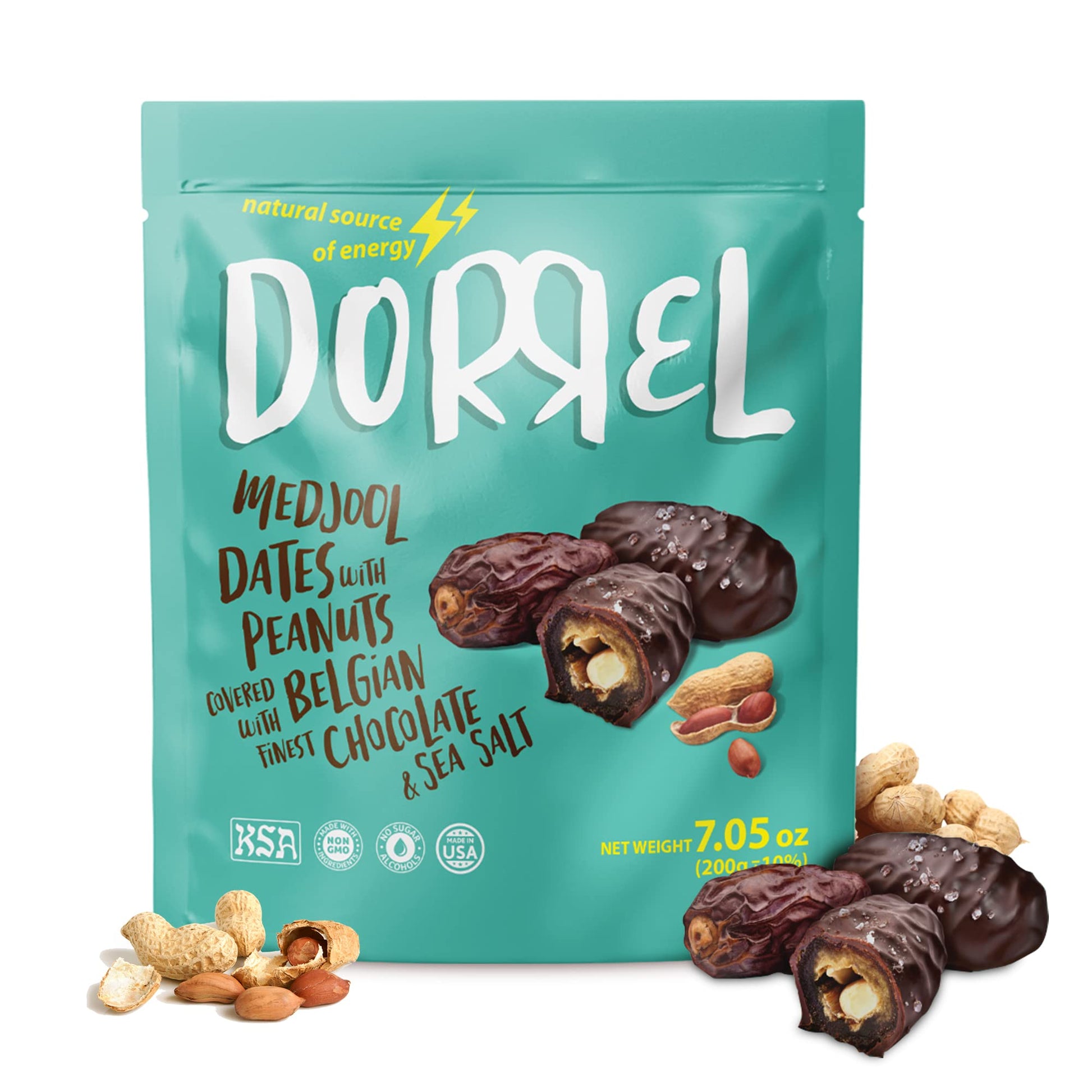 DORREL - Belgian Dark Chocolate Covered Dates (Medjool) with Salted Peanuts Stuffing, High Energy Vegan Choco Snack, Delicious, 