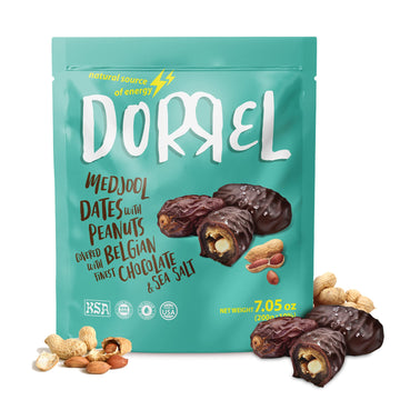 DORREL - Belgian Dark Chocolate Covered Dates (Medjool) with Salted Peanuts Stuffing, High Energy Vegan Choco Snack, Delicious, 