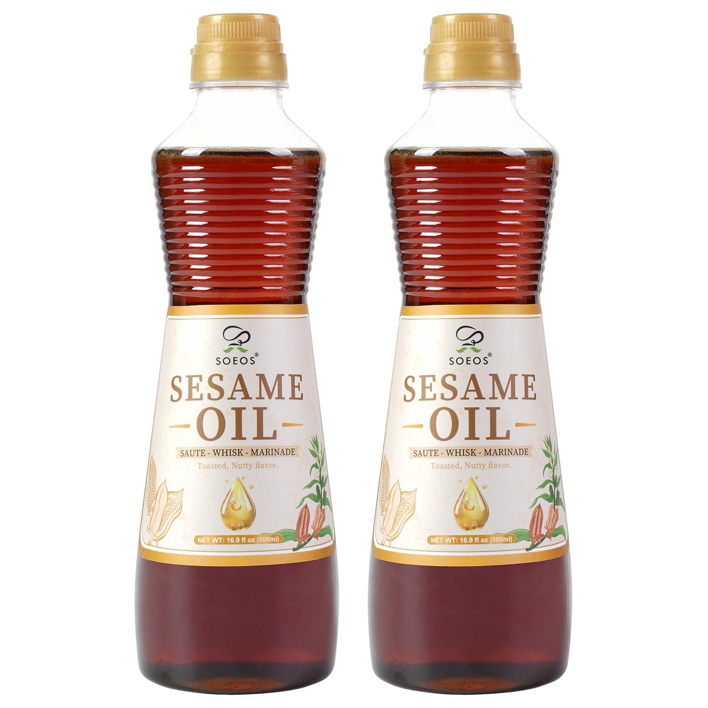 Soeos Sesame Oil, Toasted Sesame Seed Oil, 16.9 Fl Oz (500 ml) Pack of 2, Nutty Flavor, Perfect for Asian Food, Noodles, Soup, B