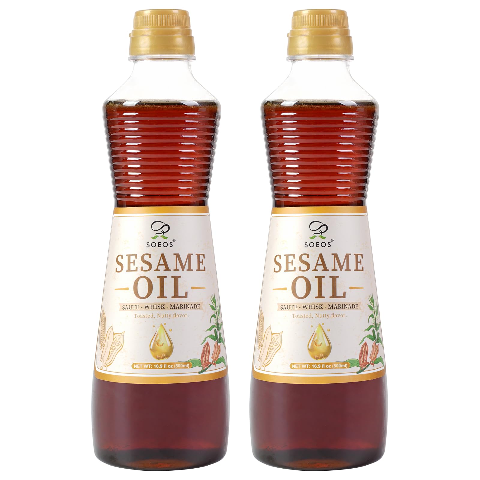 Soeos Sesame Oil, Toasted Sesame Seed Oil, 16.9 Fl Oz (500 ml) Pack of 2, Nutty Flavor, Perfect for Asian Food, Noodles, Soup, B