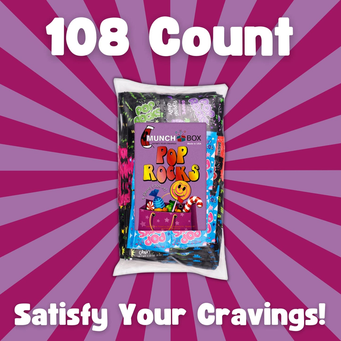 Munchbox Pop Rocks Candy - Bulk 108 Packets, 9 Assorted Flavors, Individually Wrapped, Blue, 108 Count