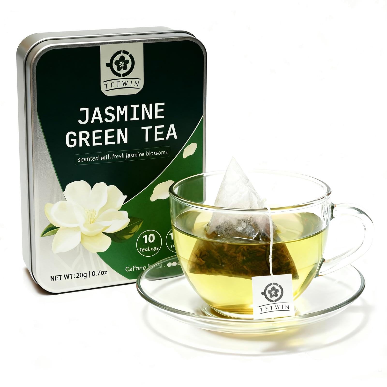 Tetwin Jasmine Green Tea Loose Leaf In Pla Tea Bags, 10Ct Samplers In Mini Tin –Smooth Jasmin Aroma & Gift-Ready, Party Favor