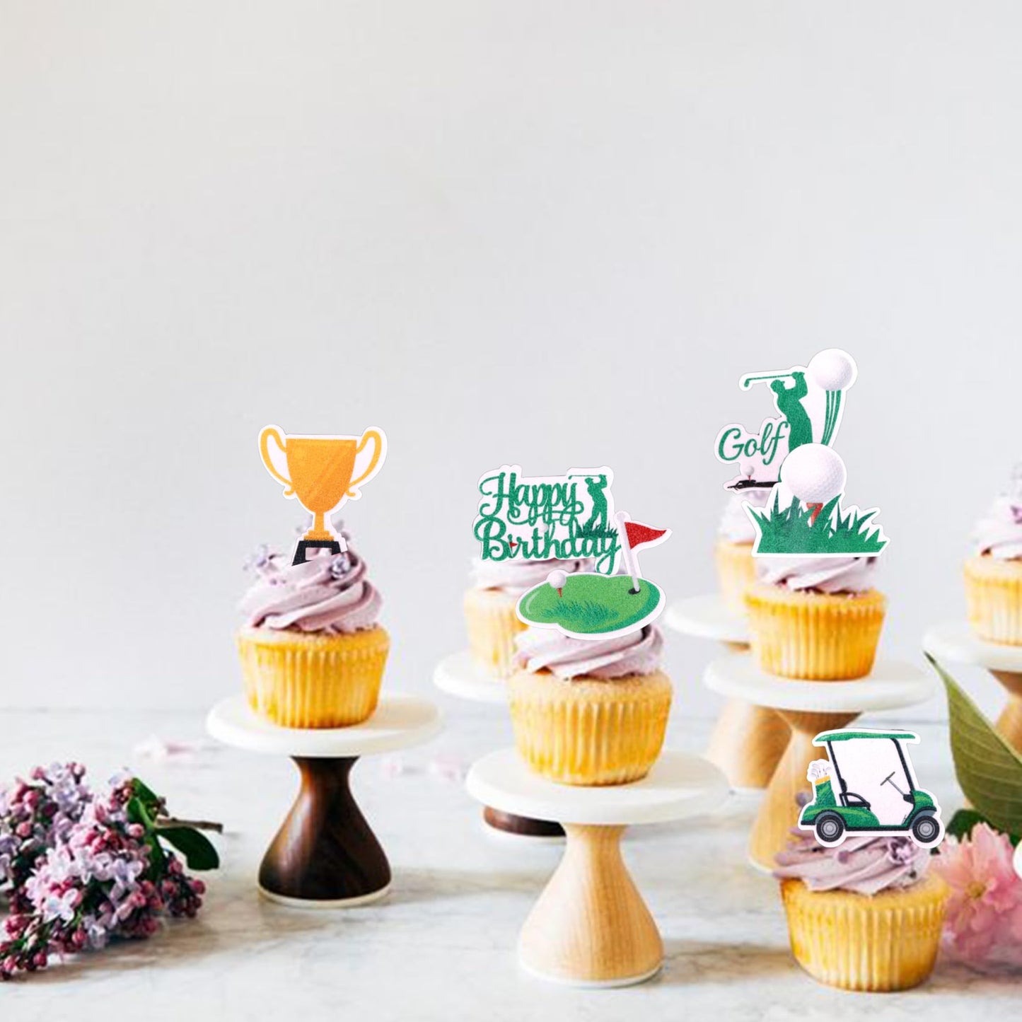 56 Pcs Edible Golf Cupcake Toppers Wafer Paper Trophy Lawn Golf Shoes Bag Ball Carts Cupcake Picks Edible Golf Cake Decorations
