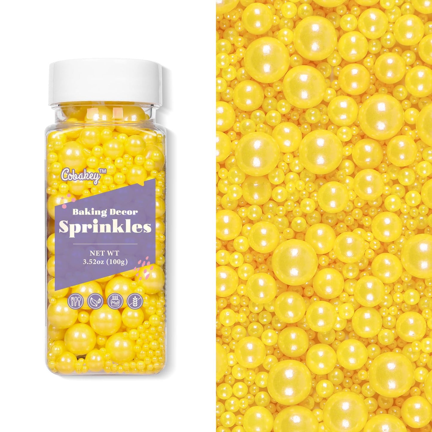 Cobakey Yellow Pearl Sprinkles For Cake Decorations 3.52 Ounce Edible Pearl Sugar Sprinkles For Cupcake Toppers Wedding Party Va