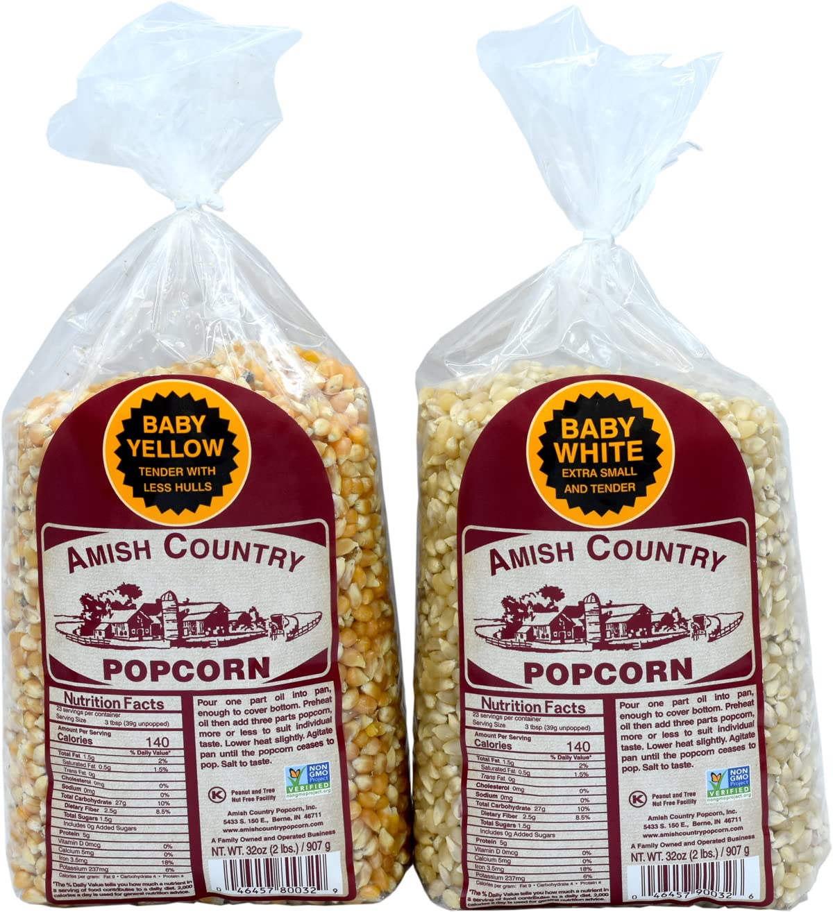 Amish Country Popcorn | 2-2 lb Bags | 2 lb Baby White & 2 lb Baby Yellow Popcorn Kernels | Old Fashioned, Non-GMO and Gluten Fre