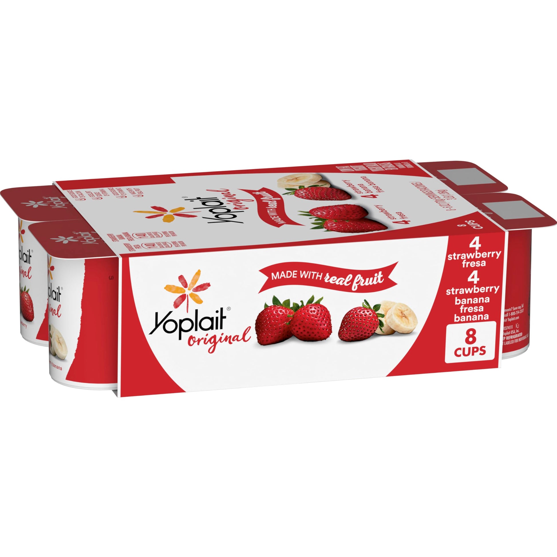 Yoplait Original Low Fat Yogurt Variety Pack, Strawberry and Strawberry Banana, Made with Real Fruit, 8 Yogurt Cups, 48 oz