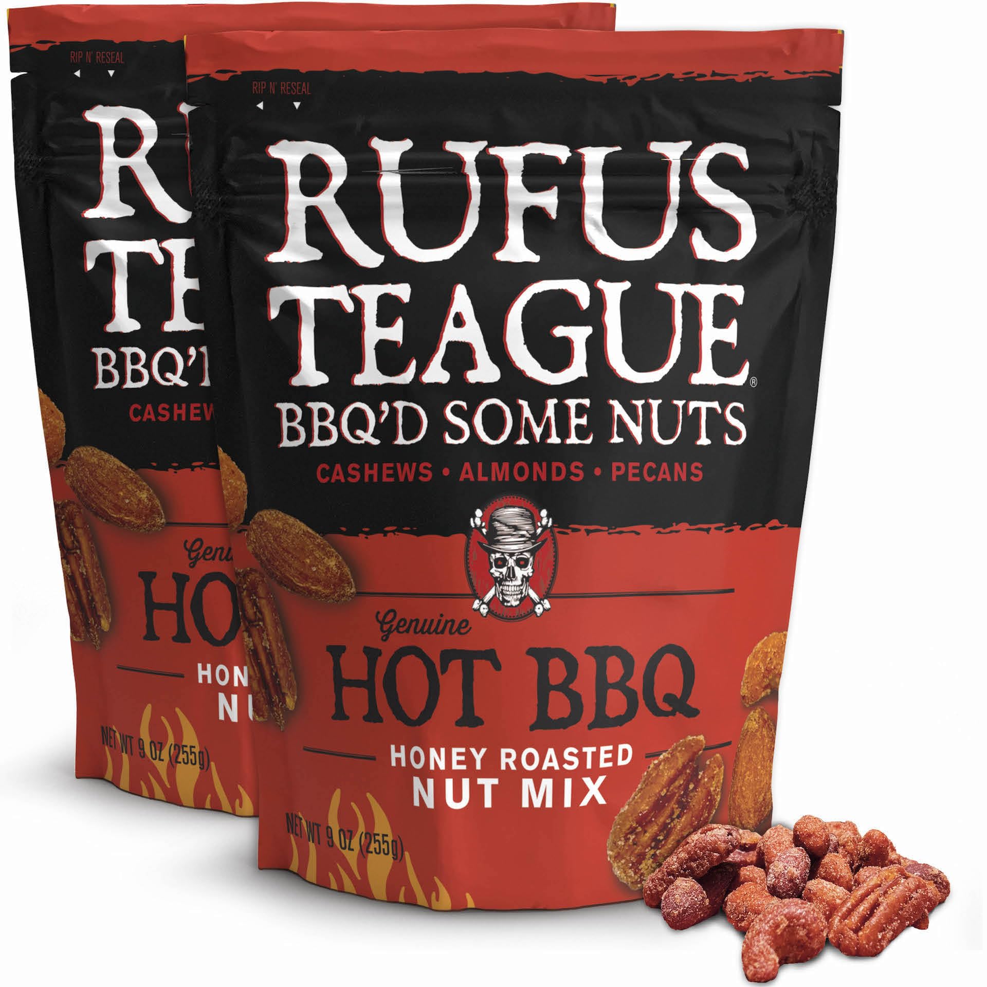 Rufus Teague Hot BBQ Honey Roasted Nuts Mix, Sweet & Spicy Almonds, Cashews & Pecans, 9 oz Resealable Pouch (No Peanuts), 2 Pack