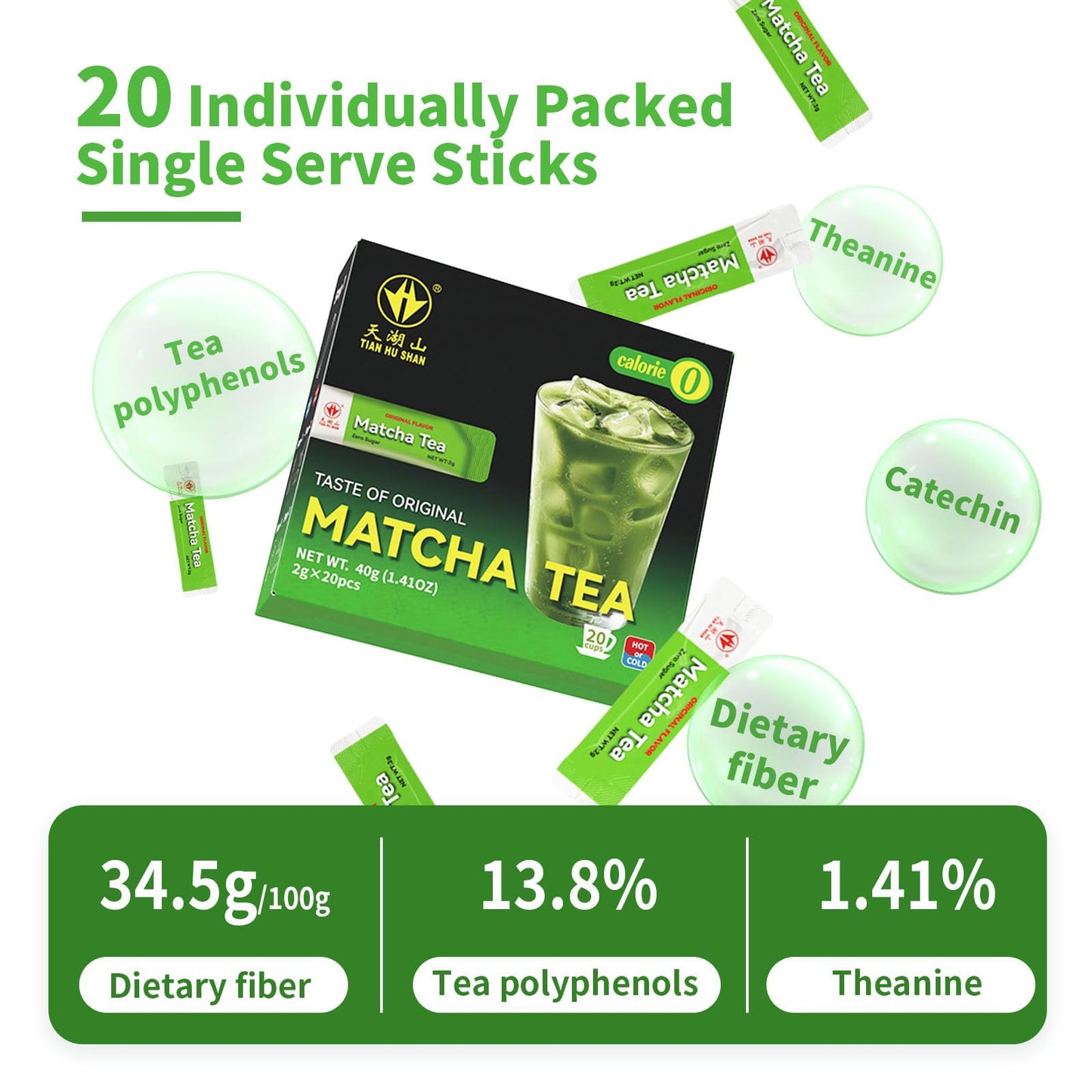 Tian Hu Shan Matcha Green Tea Sticks, Portable Matcha Powder Unsweetened No Additives, Suger Free, Single Serve 20 Count