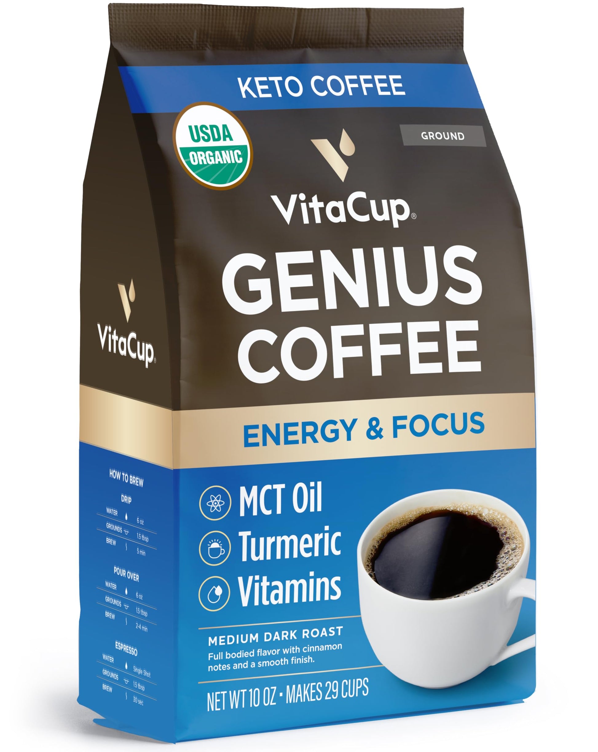 VitaCup Organic Keto Coffee, Medium Dark Roast, 10 oz, 100% Arabica, with MCT Oil, Turmeric, B Vitamins, USDA Organic