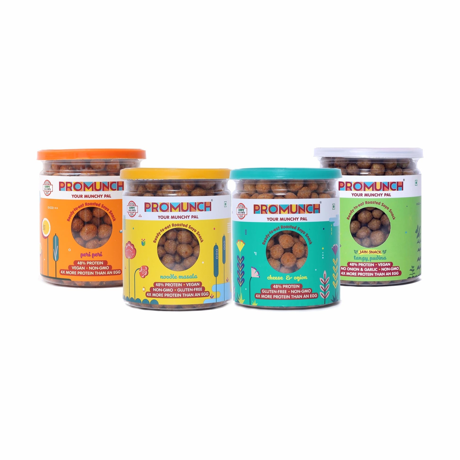 PROMUNCH Roasted Soya Snack | High-Protein | Healthy | Gluten-Free | Combo of 4 Packs, Flavour: Cheese&Onion,Peri-Peri,Noodle Ma