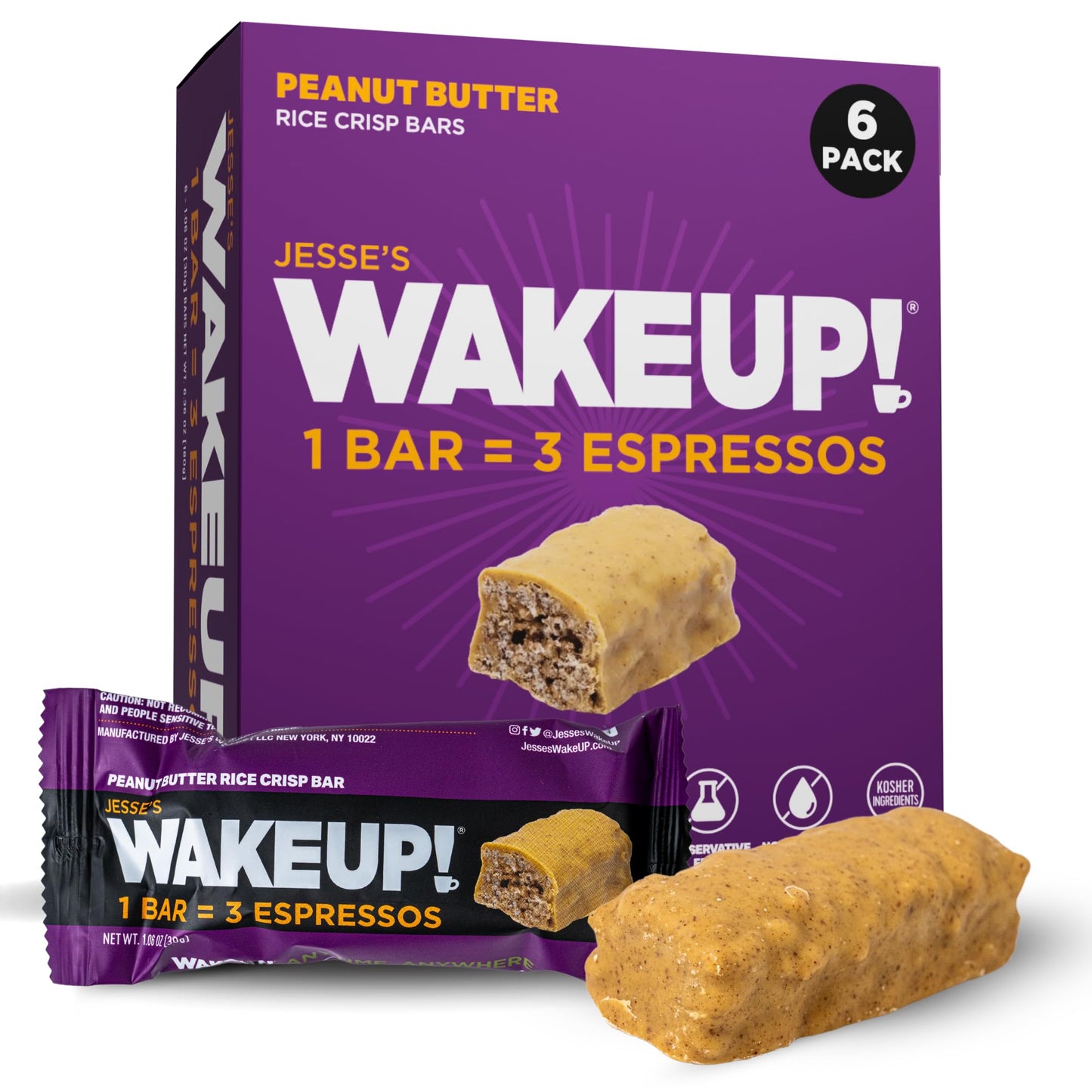 Jesses WakeUP! Peanut Butter Protein Bars - 350mg Caffeine, Gluten-Free, Vegetarian, 6 Pack