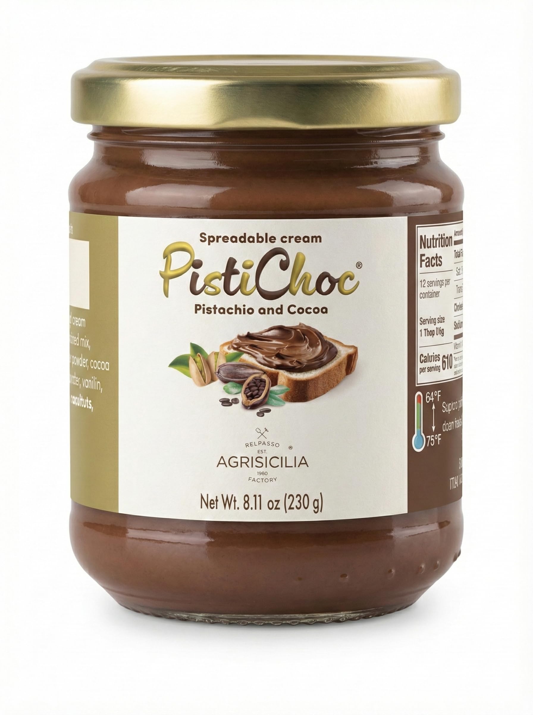 Agrisicilia Pistachio & Cacao Cream Spread - Italian Chocolate Pistachio Spreadable Dessert  230 G Glass Jar  Made In Sicily