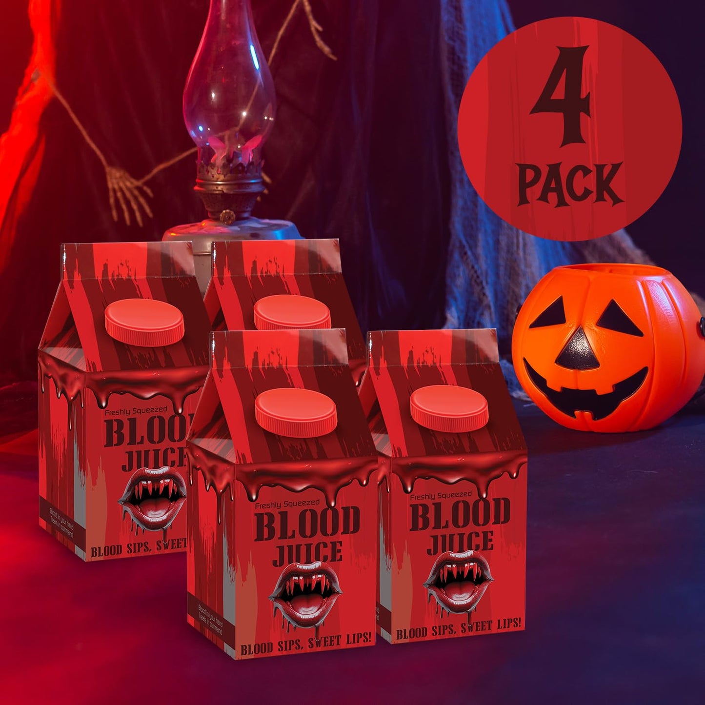 Blood Juice Halloween Jelly Beans - 4 Pack Red Bottle Cartons Filled With Red Jelly Bean Candy - Spooky Prank Novelty Gift For Party, Haunted Houses, Vampire & Horror Favors