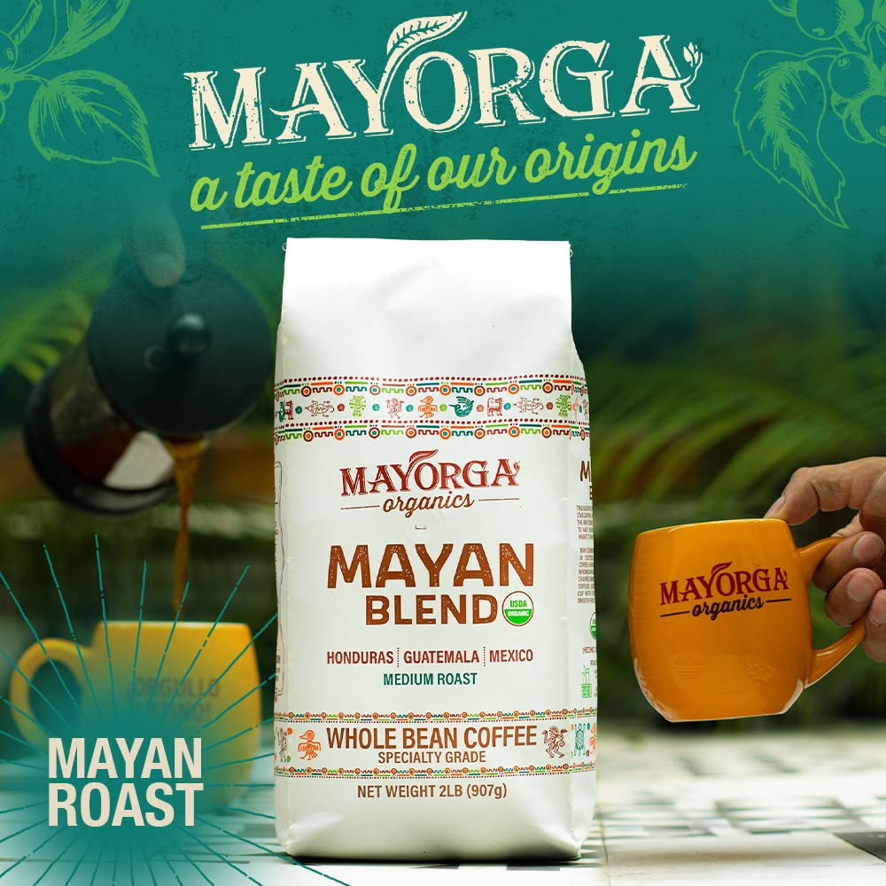 Mayorga Organic Coffee Mayan Blend, Medium Roast, Whole Bean, 12oz, 100% Arabica, USDA Organic, Non-GMO, Kosher