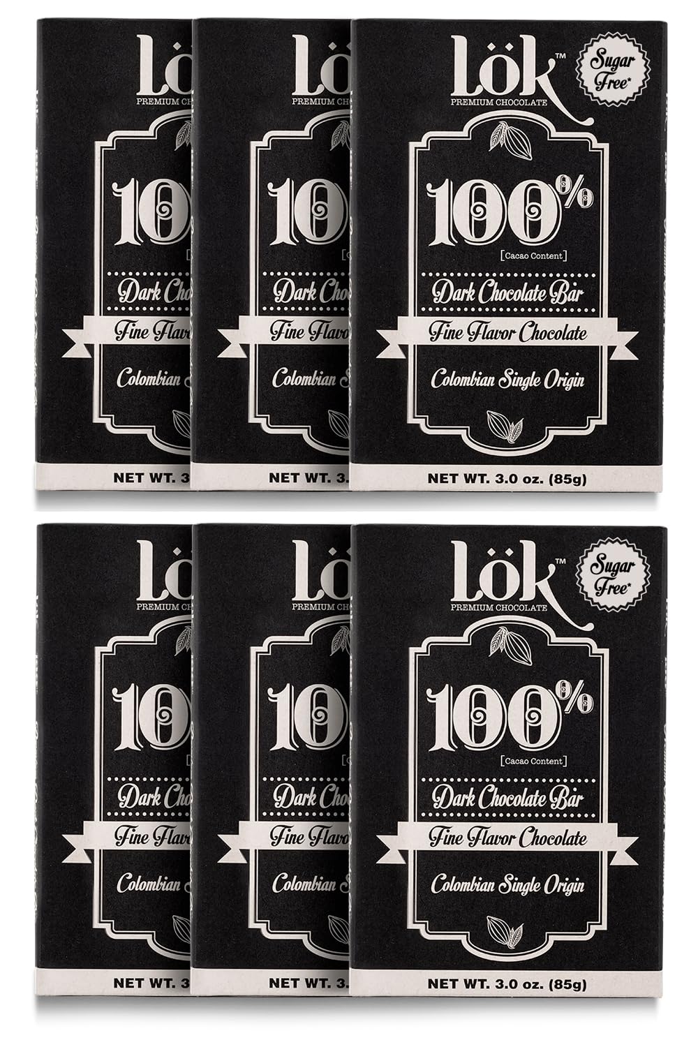 LöK Dark Chocolate Bar 100% Cacao, Vegan, Sugar-Free, Gluten-Free, 6 Count