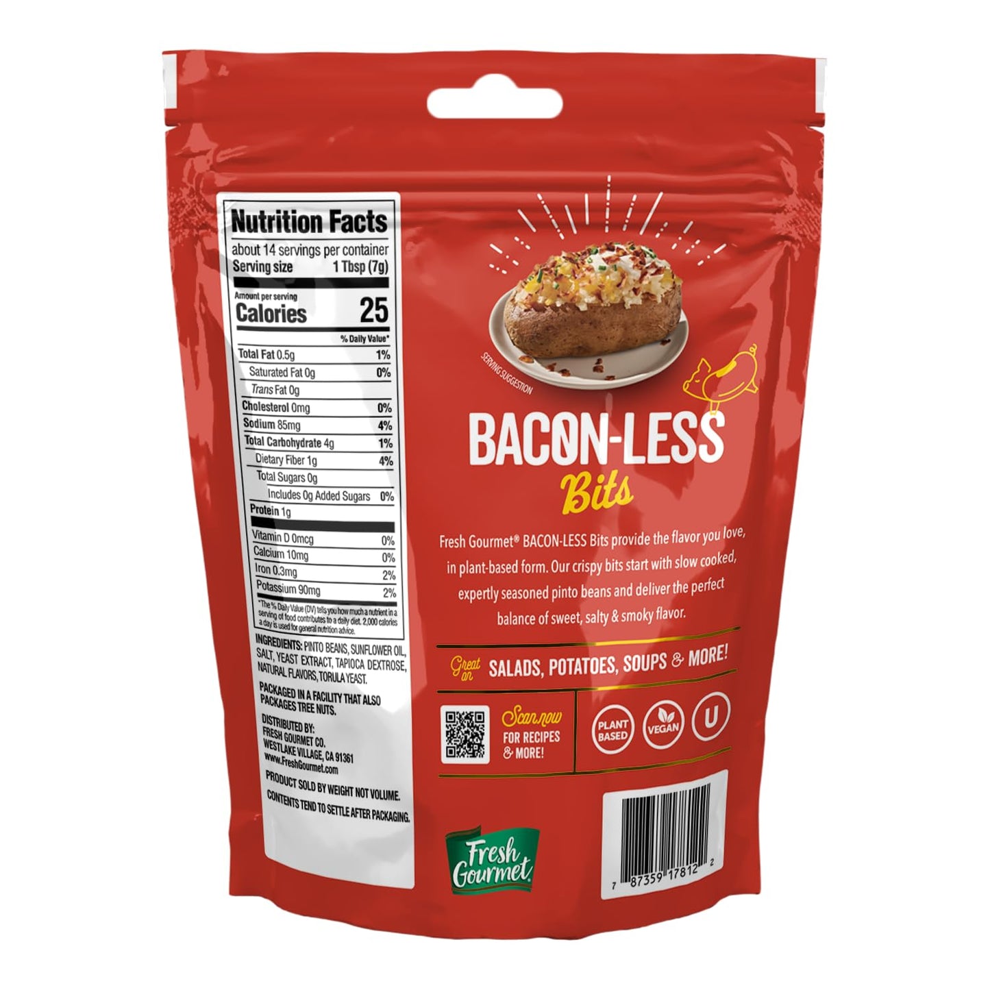 Fresh Gourmet Vegan Bacon-Less Bits - 3.5 oz Plant-Based Topping for Salads, Potatoes, Soups, and More | Soy-Free, Kosher, and S