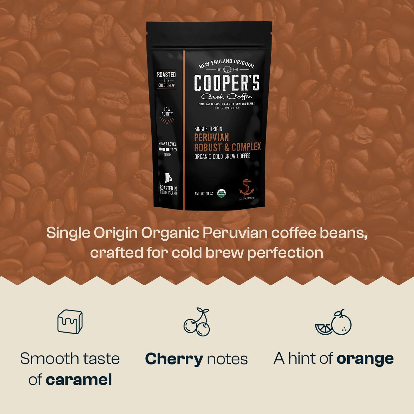 Peruvian Organic Cold Brew Coffee, Single Origin & Gourmet Beans, Tasting Notes Of Caramel With A Touch Of Cherry & Orange, Medi