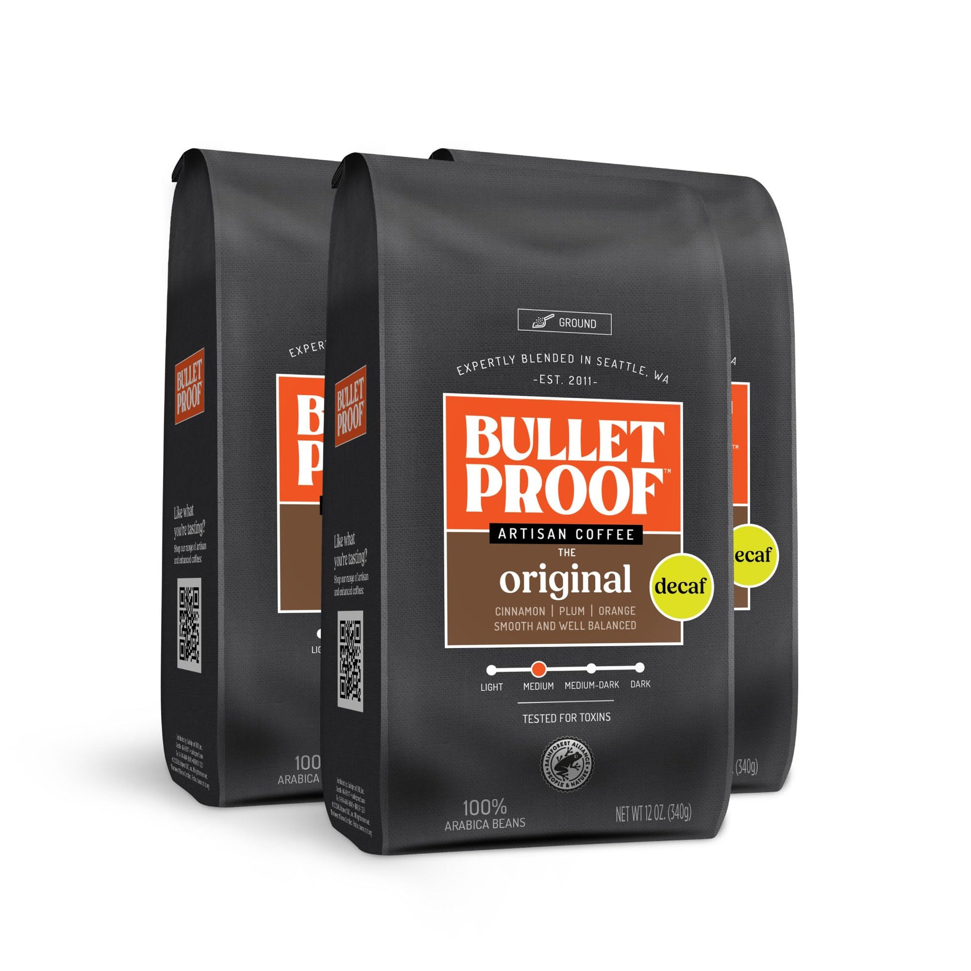 Bulletproof Original Medium Roast Ground Decaf Coffee, Pack of 3, 12 Ounces, Clean Coffee Tested for Toxins