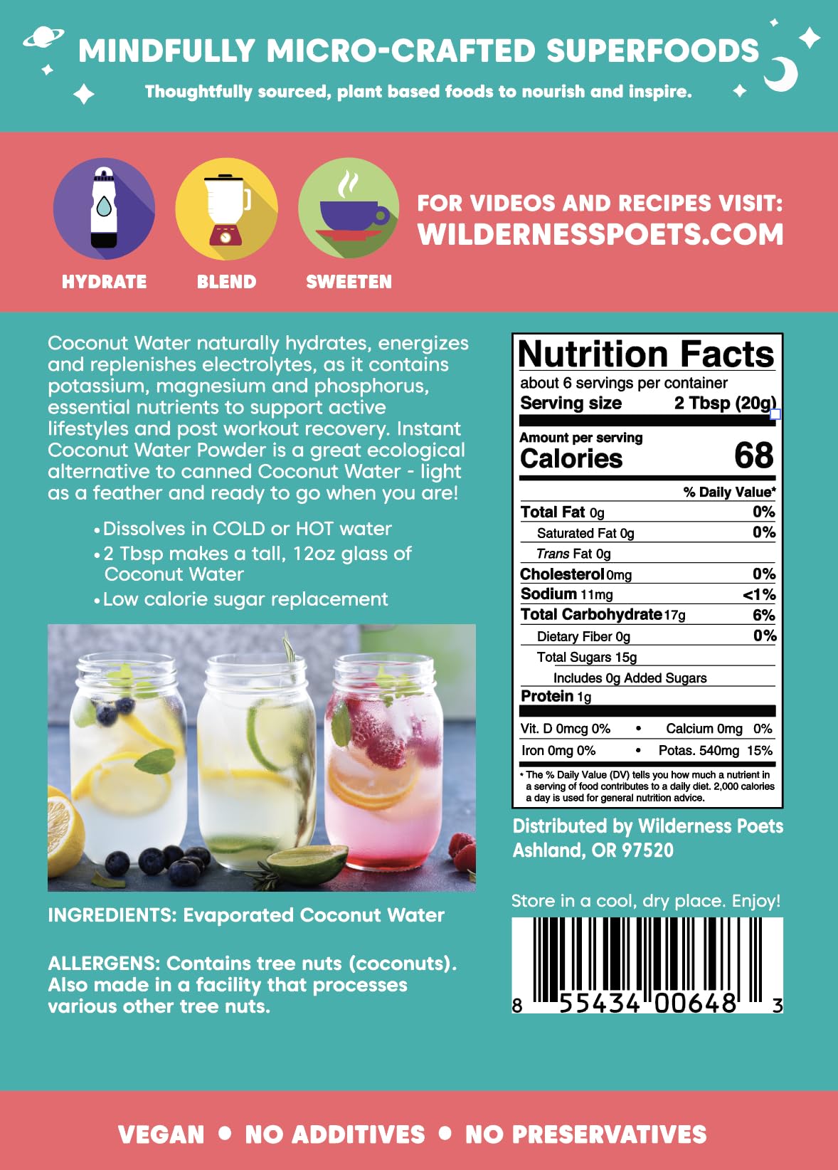 Wilderness Poets, 100% Evaporated Coconut Water Powder - No Maltodextrin, No Fillers, No Additives - 1 Ingredient - Instant Mix