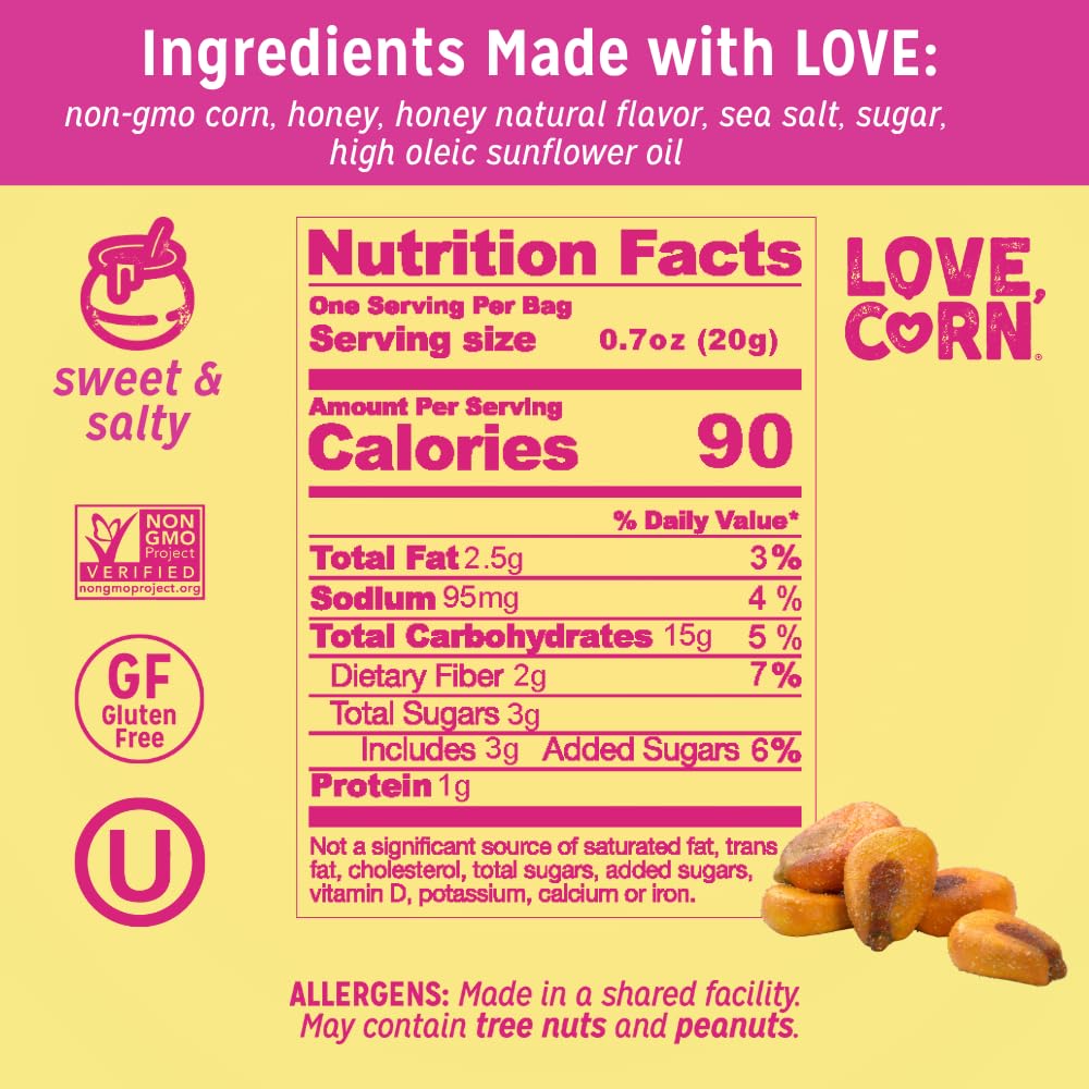 LOVE CORN Sweet & Salty 0.7oz x 20 bags - Delicious Crunchy Corn - Healthy Family Snacks - Gluten Free  Kosher  NON-GMO - Alternative for Chips  Nuts  ers & Pretzels - Perfect for Charcuterie Boards
