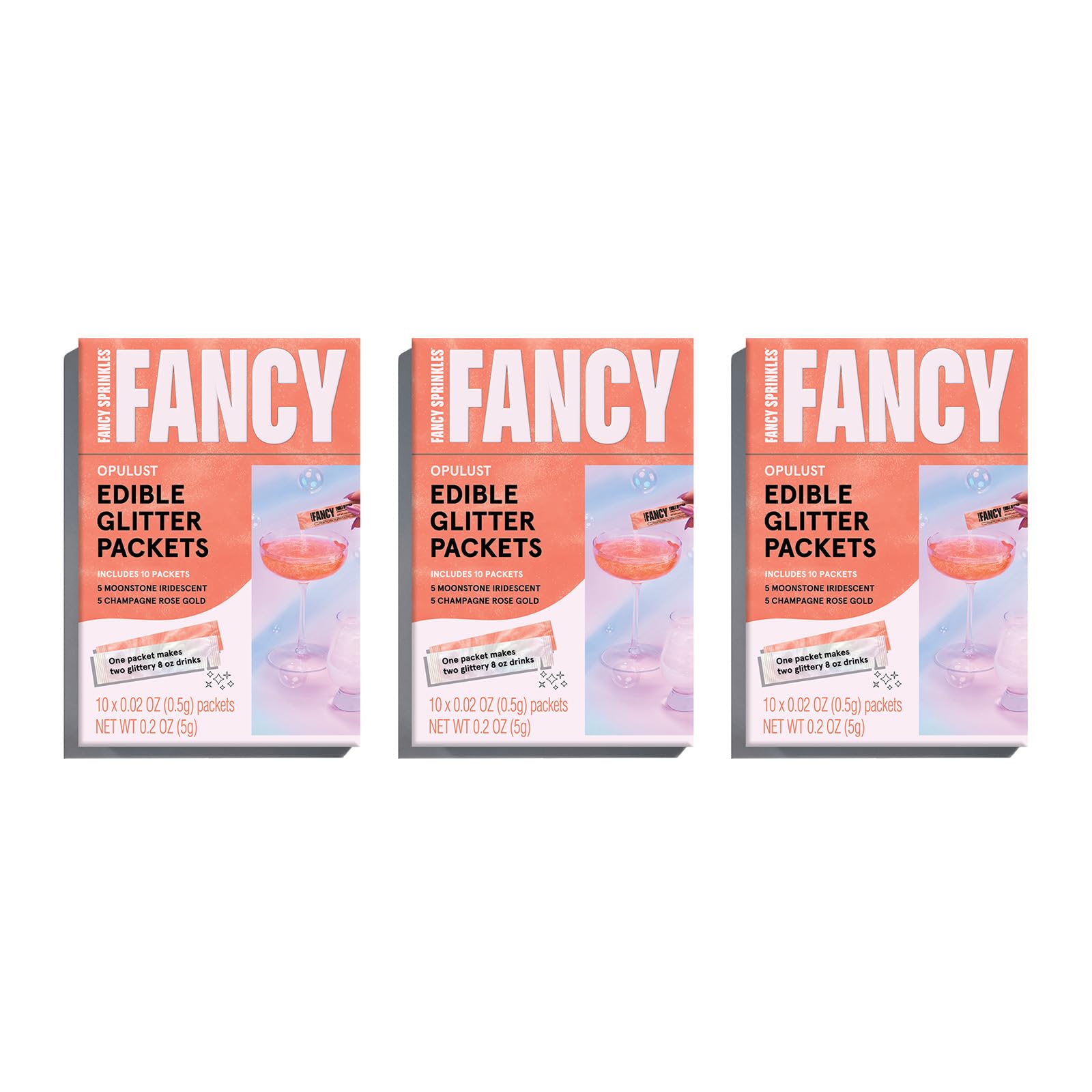 Fancy Sprinkles Edible Glitter Packets, Moonstone Iridescent & Champagne Rose Gold, 3 Pack