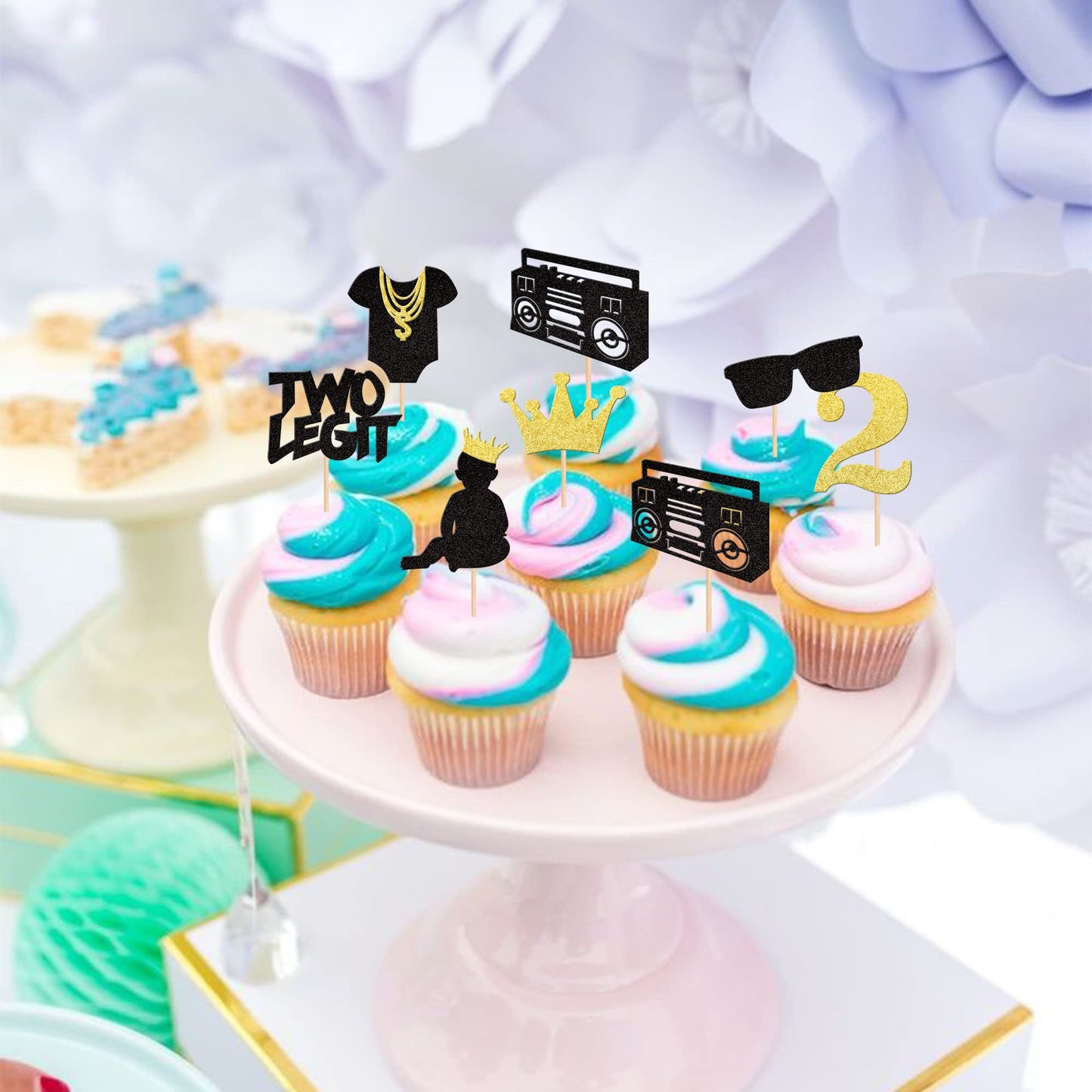 28 Pcs Two Legit Cupcake Toppers Black Glitter Hip Hop 2Nd Birthday Cupcake Picks Two Cool Glasses 90S Cake Decorations For Baby