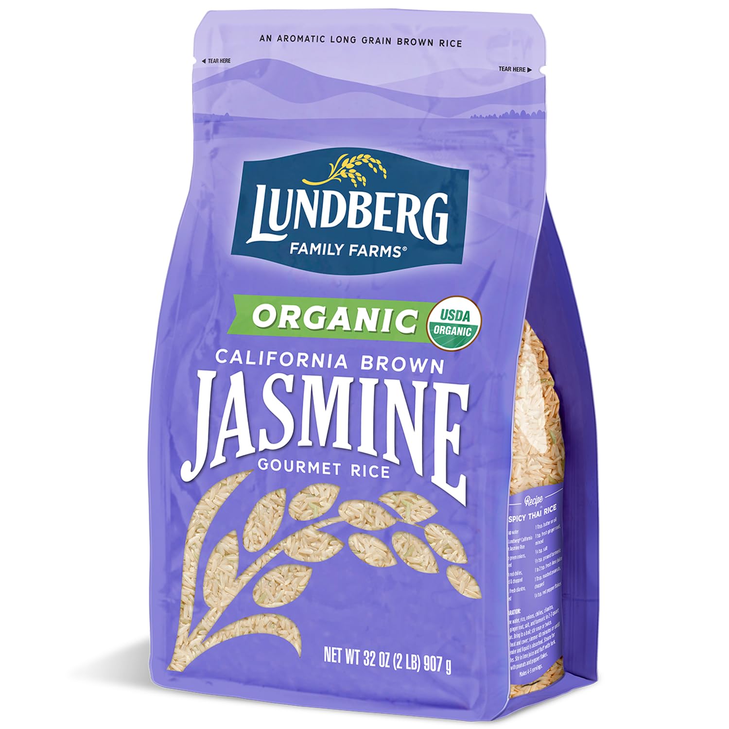 Lundberg Organic Jasmine Rice, Long Grain Brown Rice - Non-Sticky, Fluffy Aromatic Rice, Organically Grown in California, Pantry