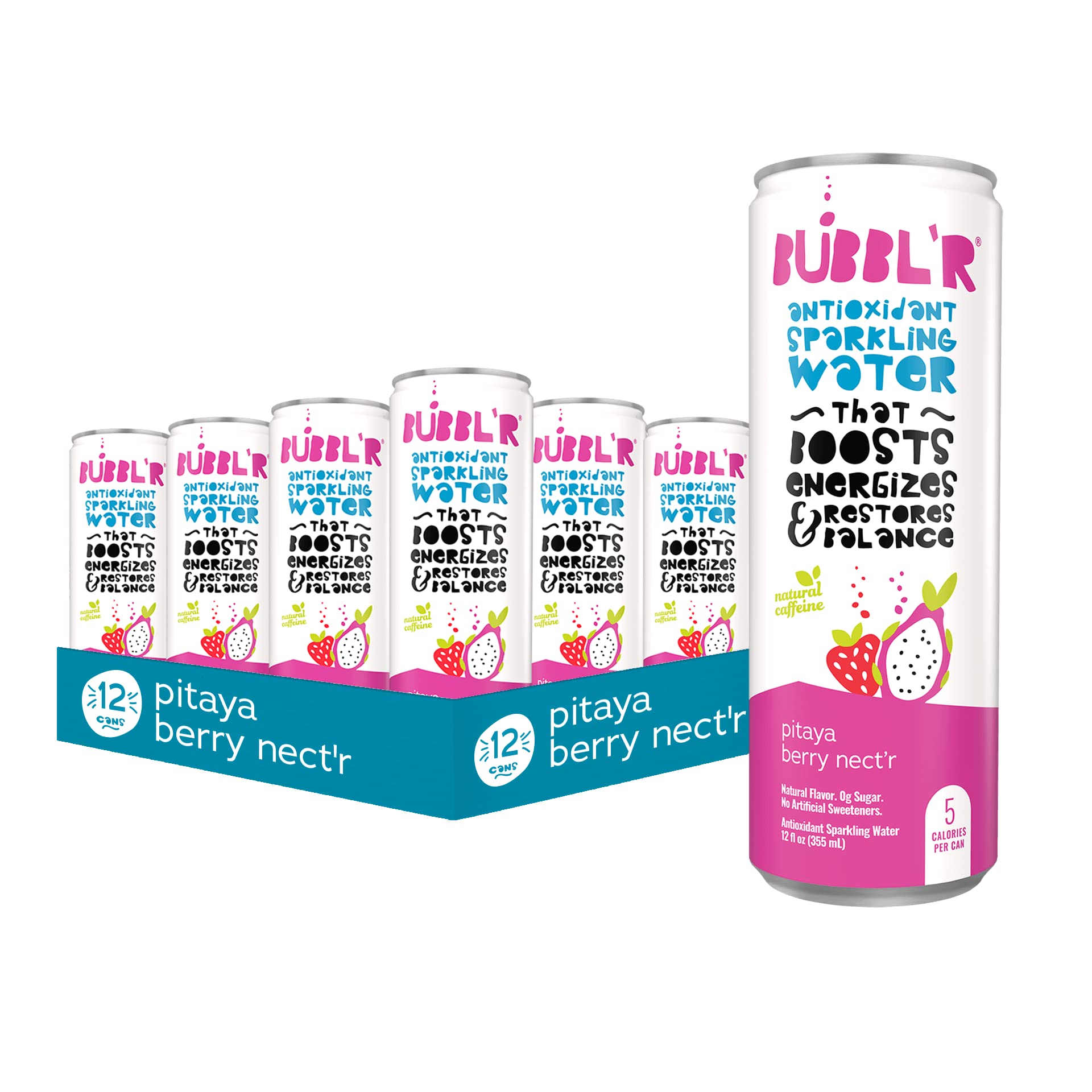 Bubblr Antioxidant Sparkling Water, Pitaya Berry Flavor, 12 Fl Oz Cans, Pack of 12, 0g Sugar, Gluten Free, All Natural Flavors