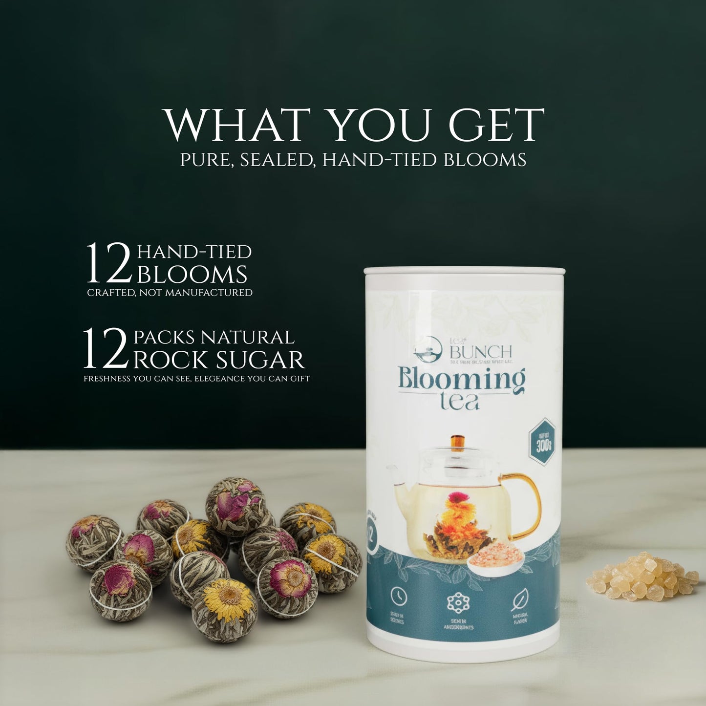 Tea Bunch Blooming Flower Tea Set – 12 Hand-Tied Organic Green Tea Balls With 12 Packs Of Rock Sugar, Gift-Ready Packaging, Calming Floral Tea For Wellness & Relaxation (Glass Teapot Not Included)