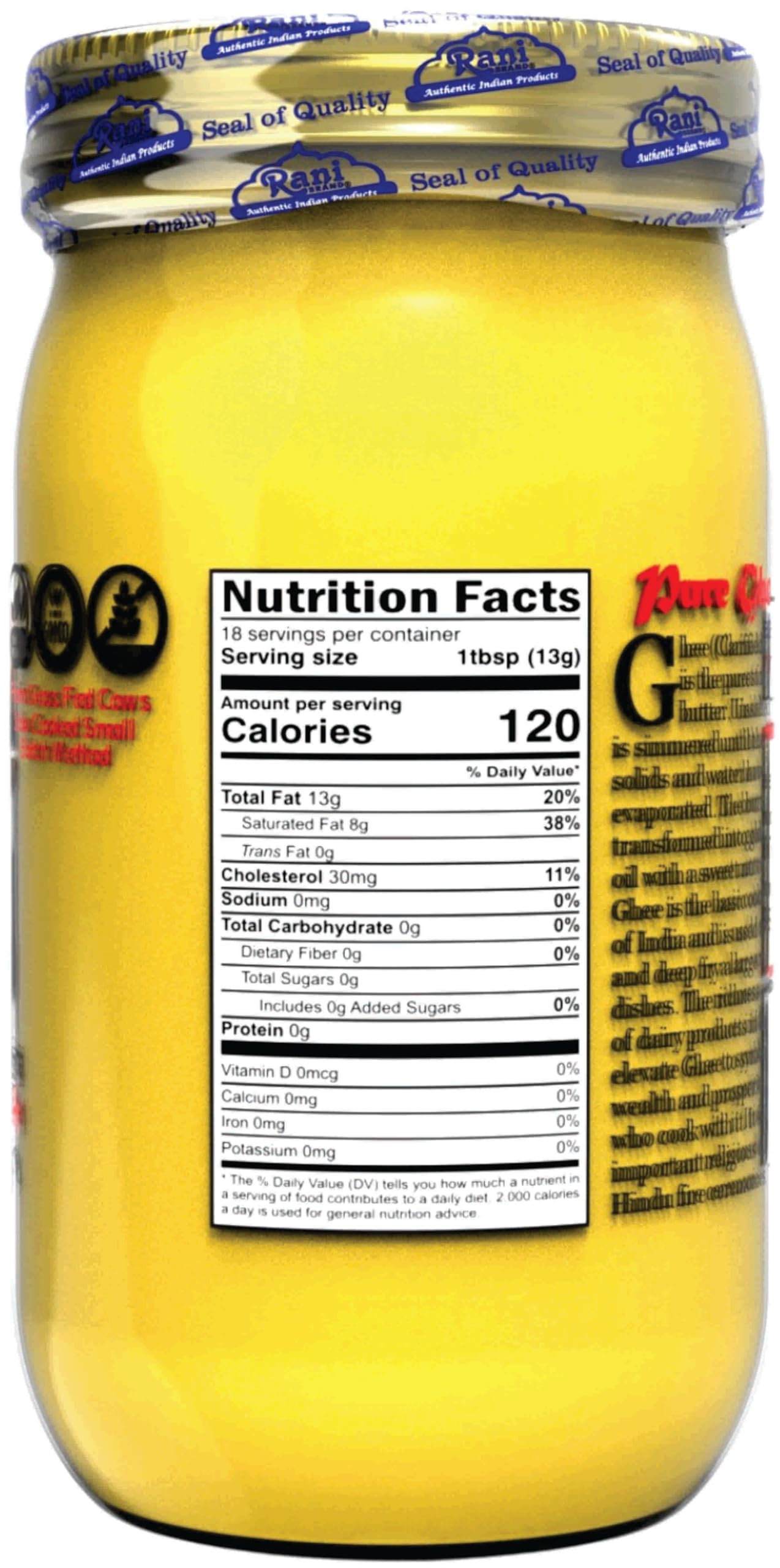 Rani Ghee Pure & Natural from Grass Fed Cows (Clarified Butter) 16oz (1lb) 454g ~ Glass Jar | Paleo & Keto Friendly | Gluten Fre