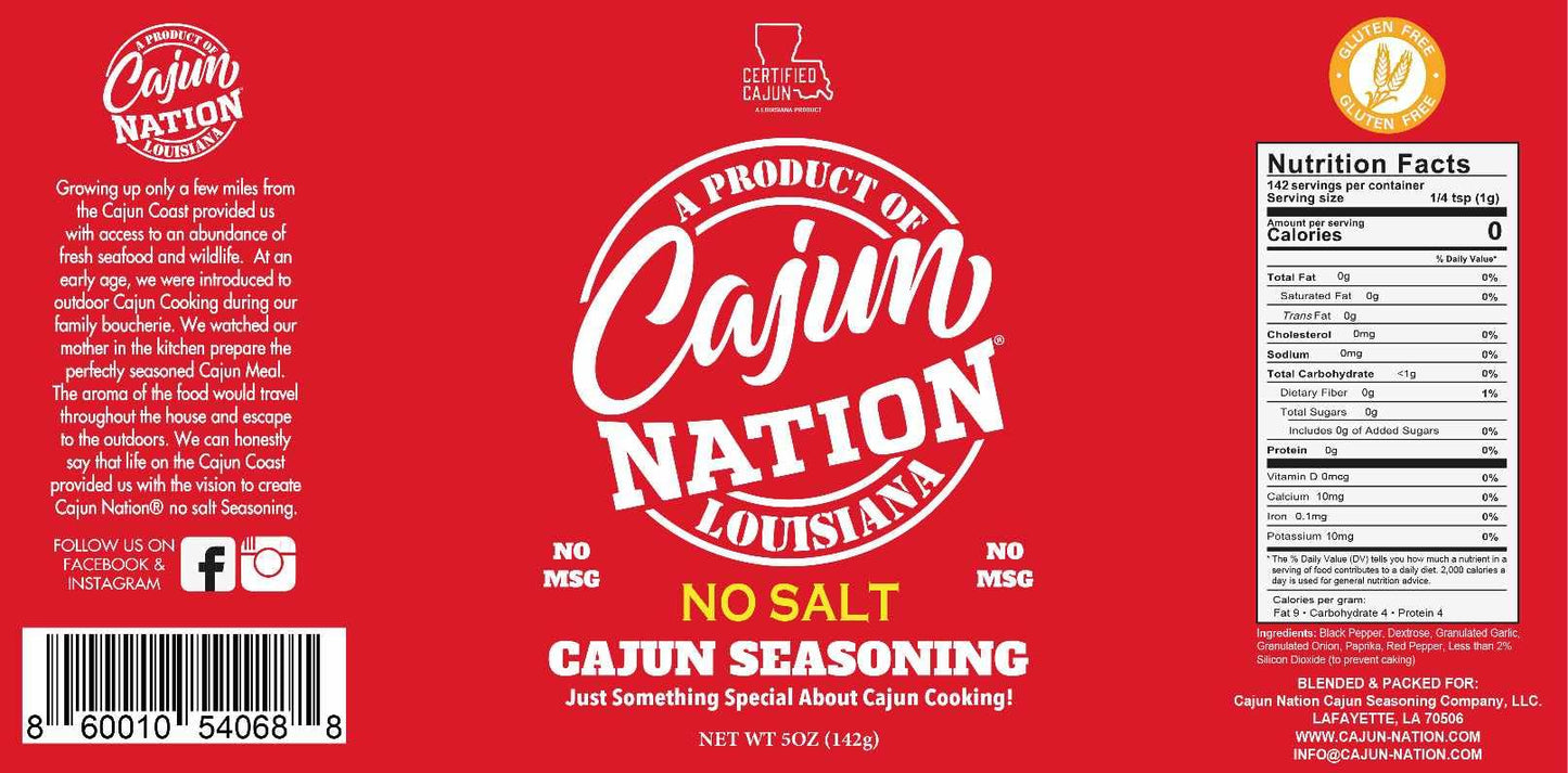 Cajun Nation No Salt Cajun Seasoning (Flavor Without The Salt), 5 Ounce Blend Of Flavorful Spices With No Msg, Gluten Free And G