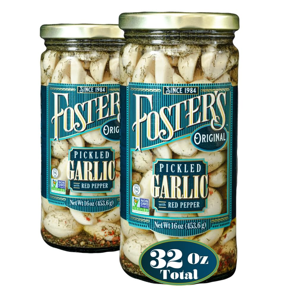 Foster'S Pickled Garlic Cloves- Original- 16Oz (2 Pack)- Pickled Garlic In A Jar With Red Pepper - Traditional Pickled Vegetable