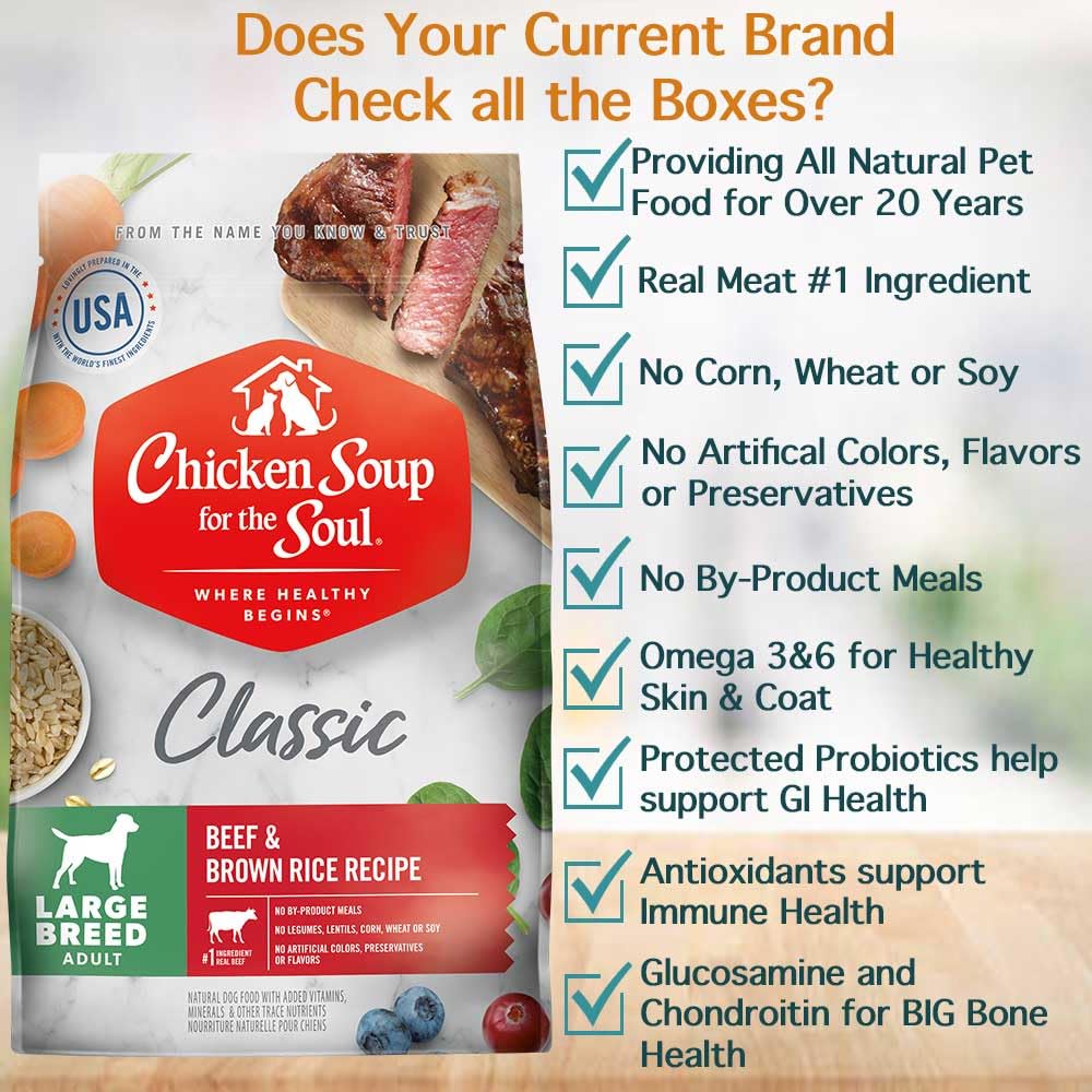 Chicken Soup For The Soul All Natural Enhanced Large Breed Mature-Themed Dry Dog Food, Real Meat First Ingredient, No By-Products, Supports Heart, Gut & Immune Health, Beef & Brown Rice, 28Lb
