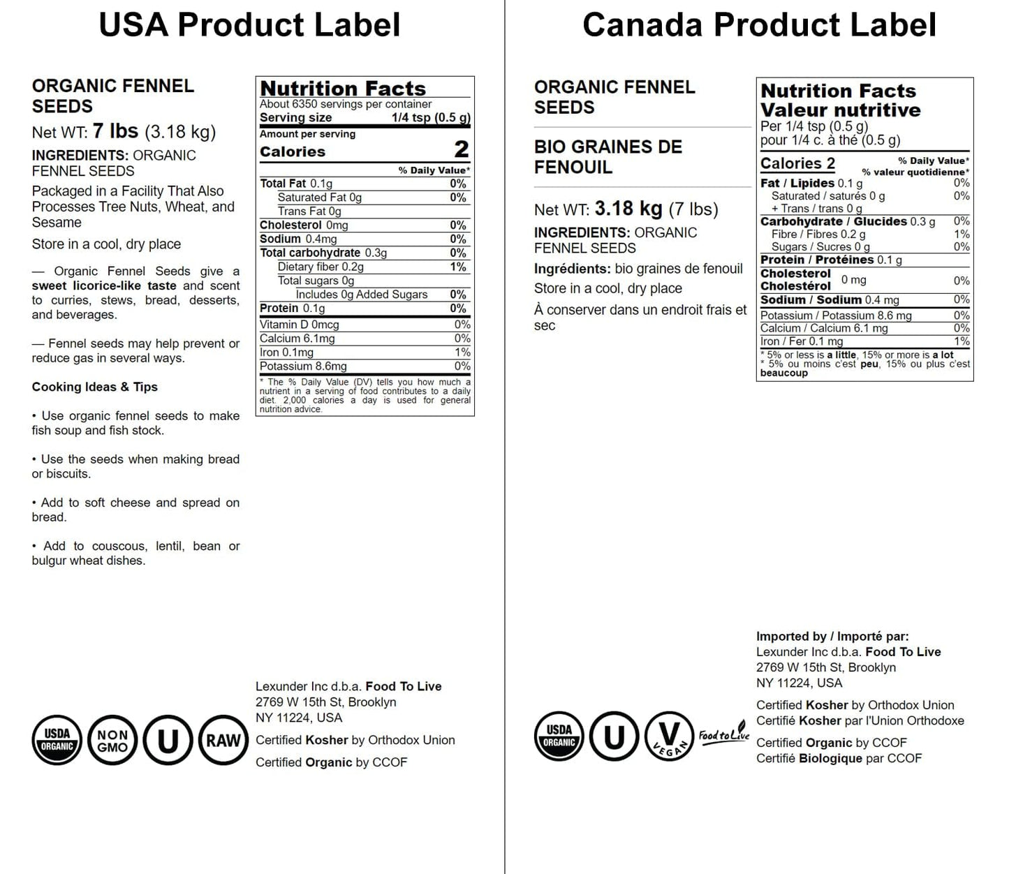 Food to Live Organic Fennel Seeds - Whole Raw Non-GMO Spice, 7 Pound