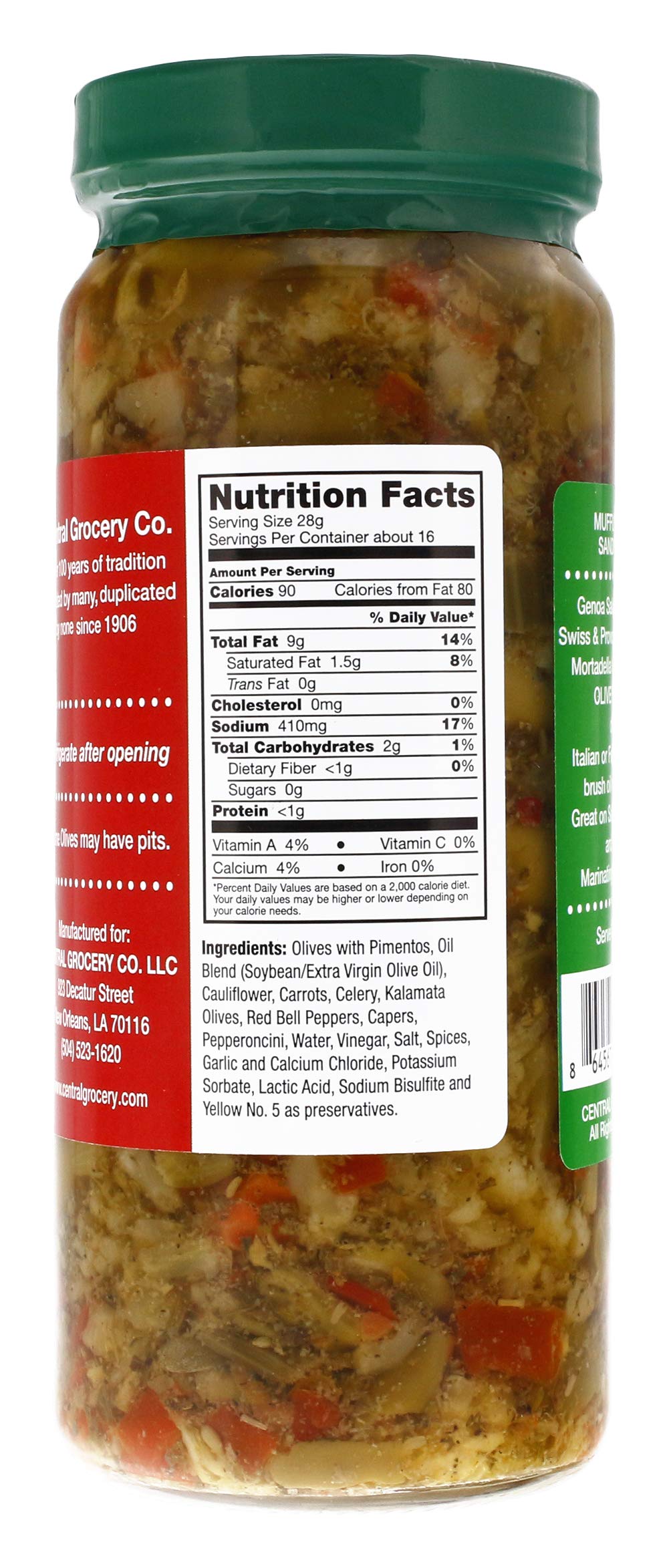Central Grocery Olive Salad - 16 Oz (Pack Of 1) Perfect For Muffulettas, Sandwiches, Pizza Toppings, Pastas, Hot Dog Topper, Sal